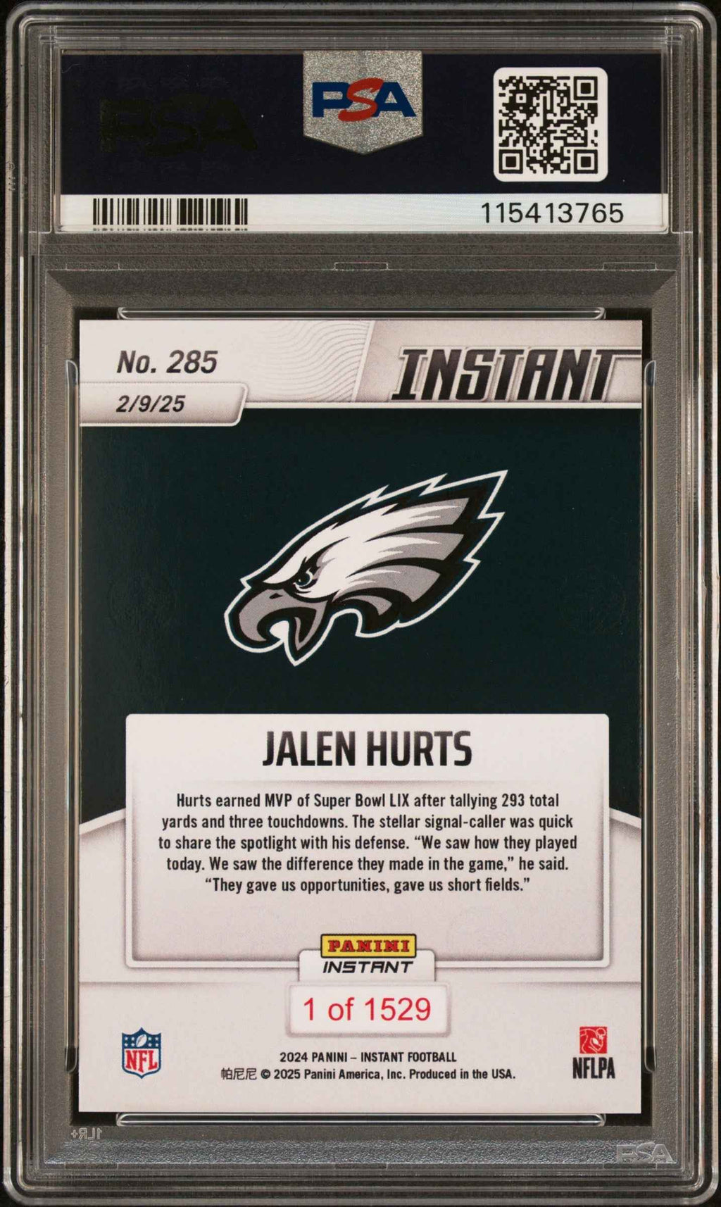 Graded 2024 Panini Instant NFL Jalen Hurts #285 Football Card PSA 9 Mint