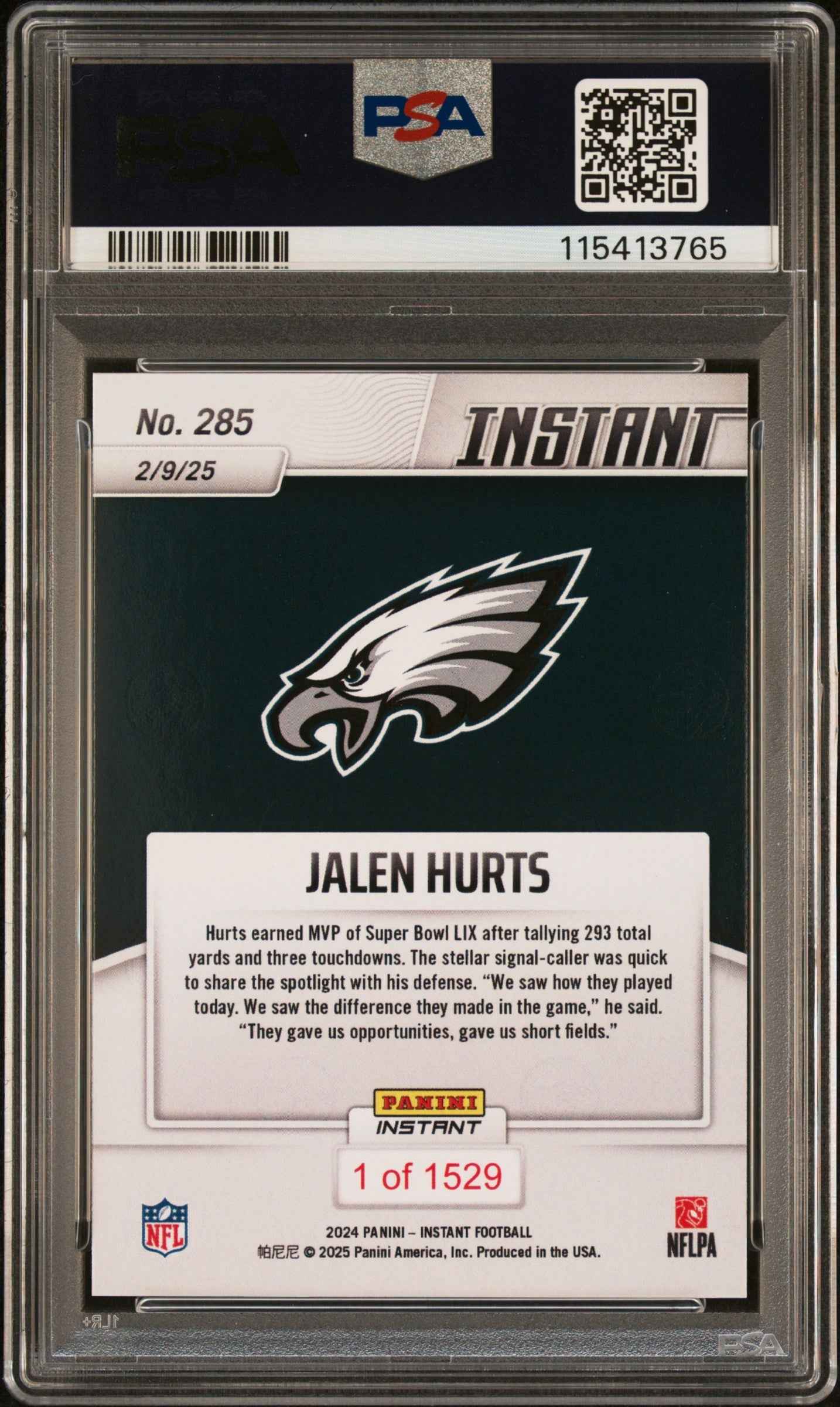 Graded 2024 Panini Instant NFL Jalen Hurts #285 Football Card PSA 9 Mint