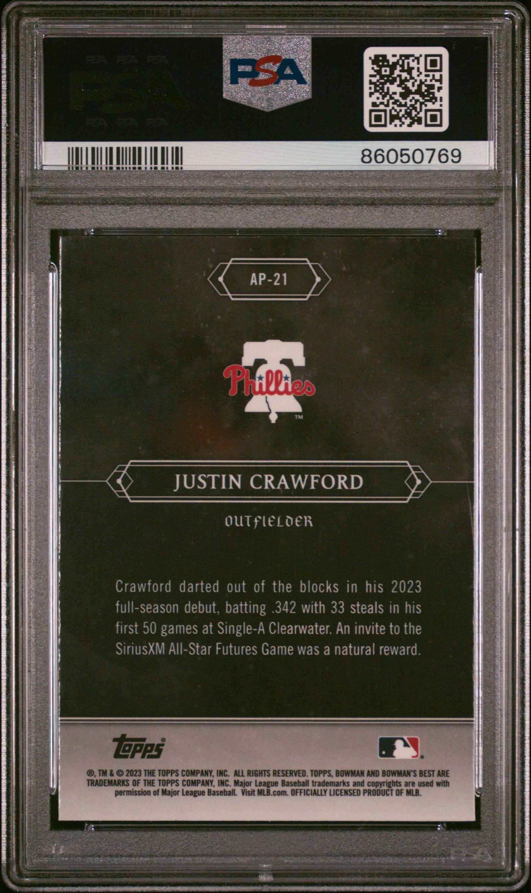 Graded 2023 Topps Bowmans Best Justin Crawford #AP21 Astral Projections Rookie RC Baseball Card PSA 10 Gem Mint