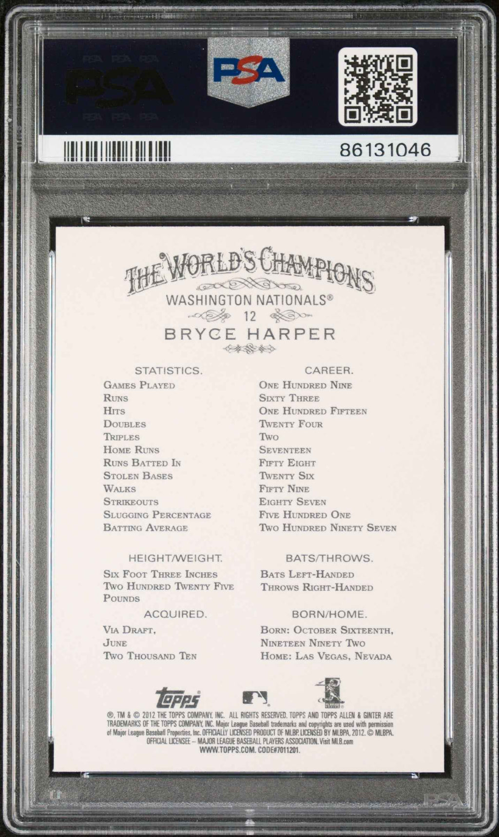 Graded 2012 Topps Allen & Ginter Bryce Harper #12 Rookie RC Baseball Card PSA 10 Gem Mint