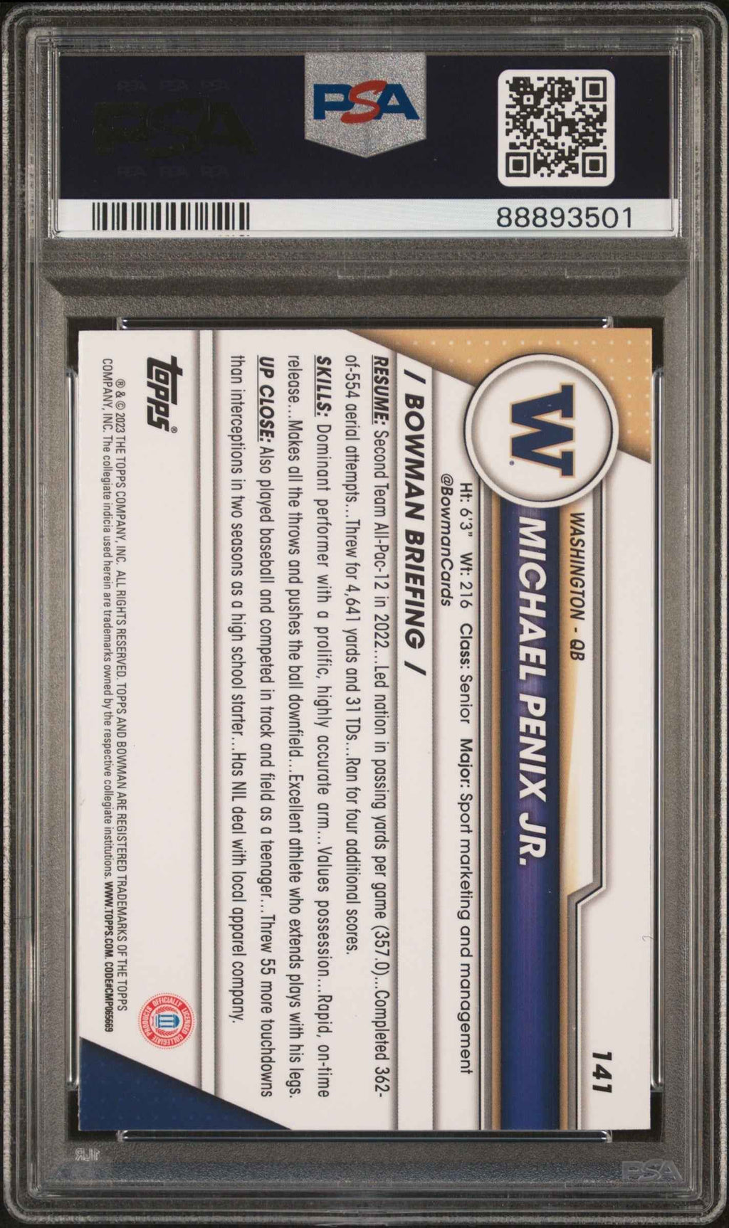 Graded 2023 Bowman U Chrome Michael Penix Jr. #141 Xfractor Rookie RC Football Card PSA 10 Gem Mint