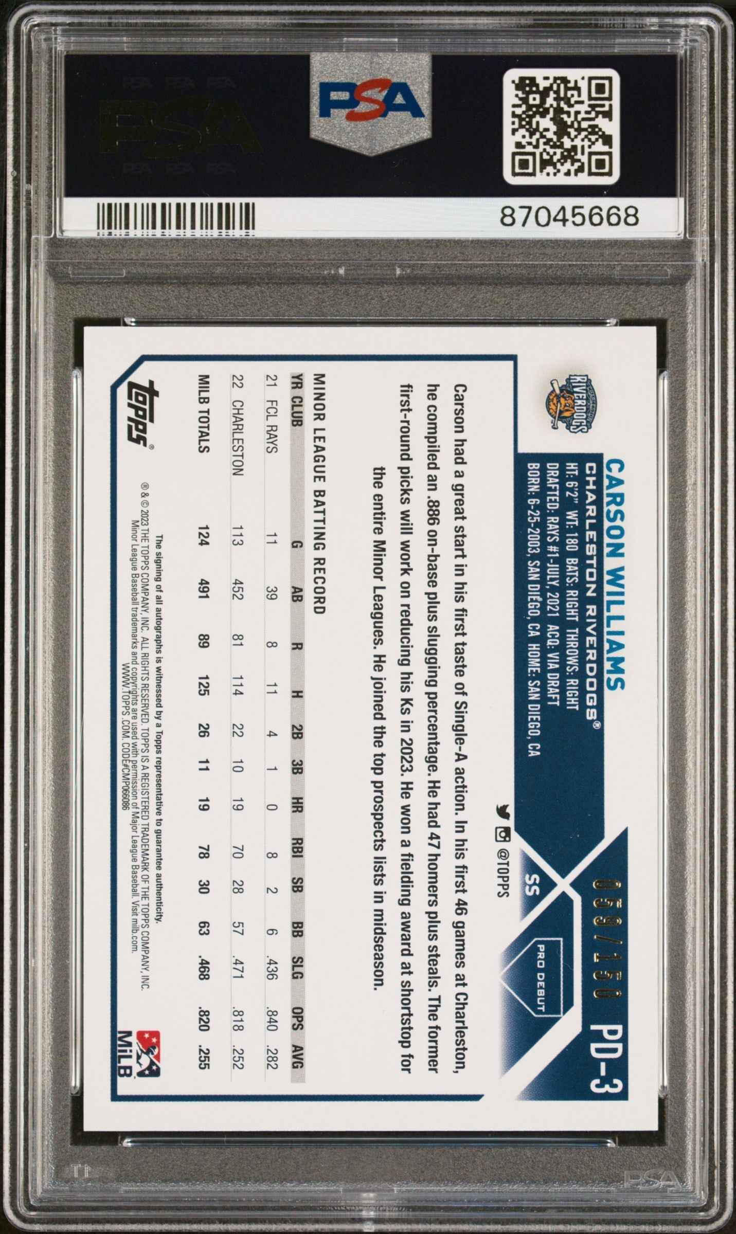 Graded 2023 Topps Pro Debut Carson Williams #PD3 Blue Foil Auto #/150 Rookie RC Baseball Card PSA 10 Gem Mint