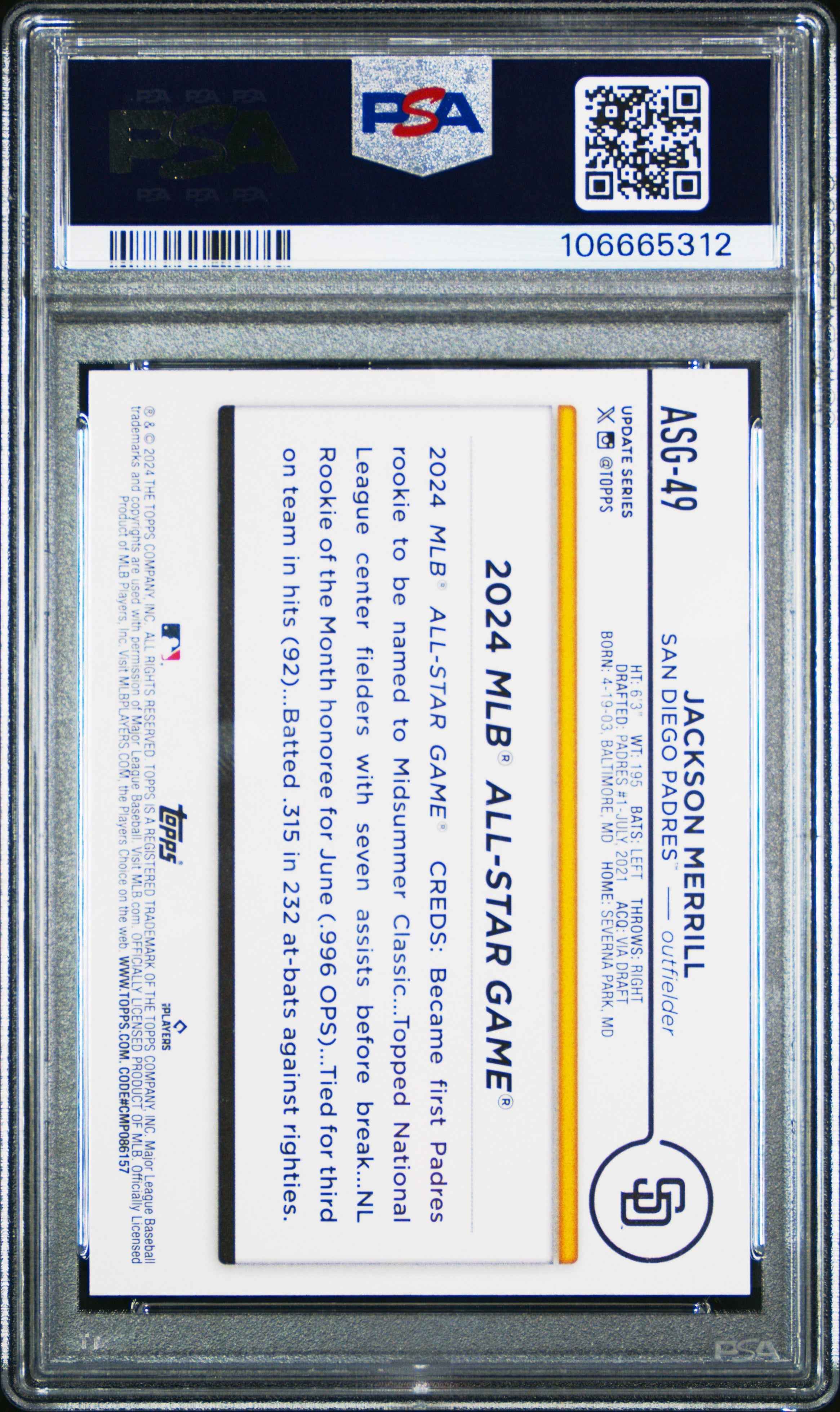 Graded 2024 Topps Update Jackson Merrill #ASG49 All Star Game Rookie RC Baseball Card PSA 10 Gem Mint