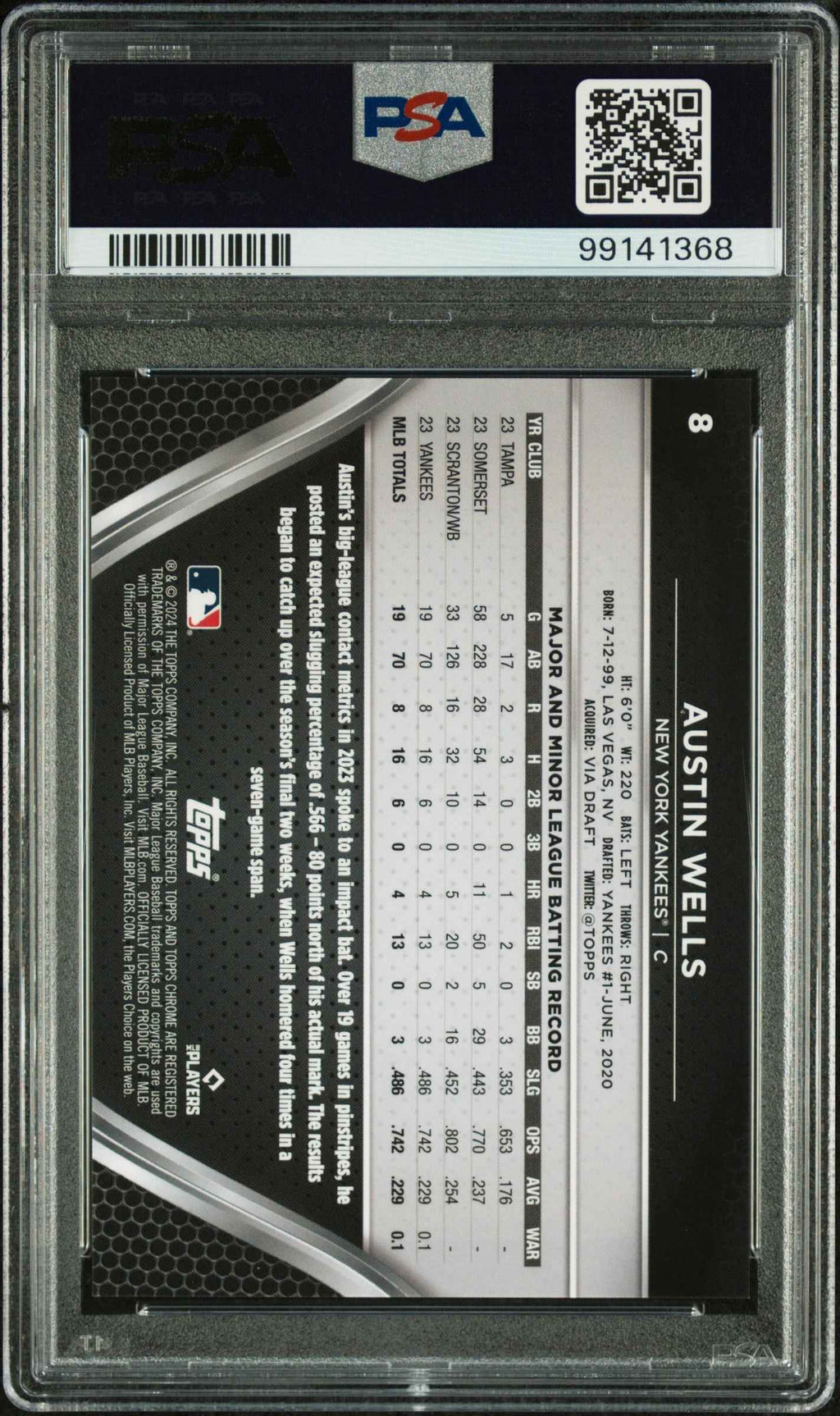 Graded 2024 Topps Chrome Black Austin Wells #8 Gold Mini Diamond Refractor #/50 Rookie RC Baseball Card PSA 10 Gem Mint