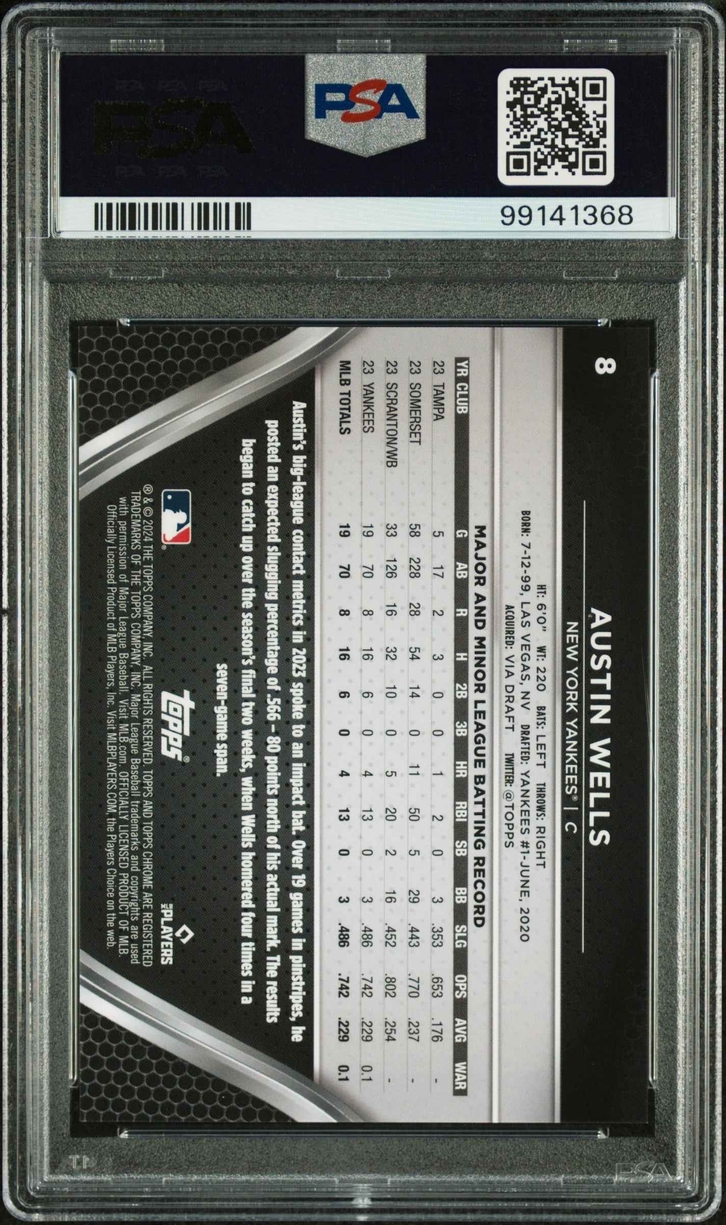 Graded 2024 Topps Chrome Black Austin Wells #8 Gold Mini Diamond Refractor #/50 Rookie RC Baseball Card PSA 10 Gem Mint