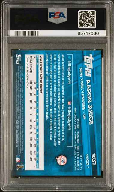 Graded 2017 Topps Aaron Judge #287 Catching Rookie RC Baseball Card PSA 9 Mint