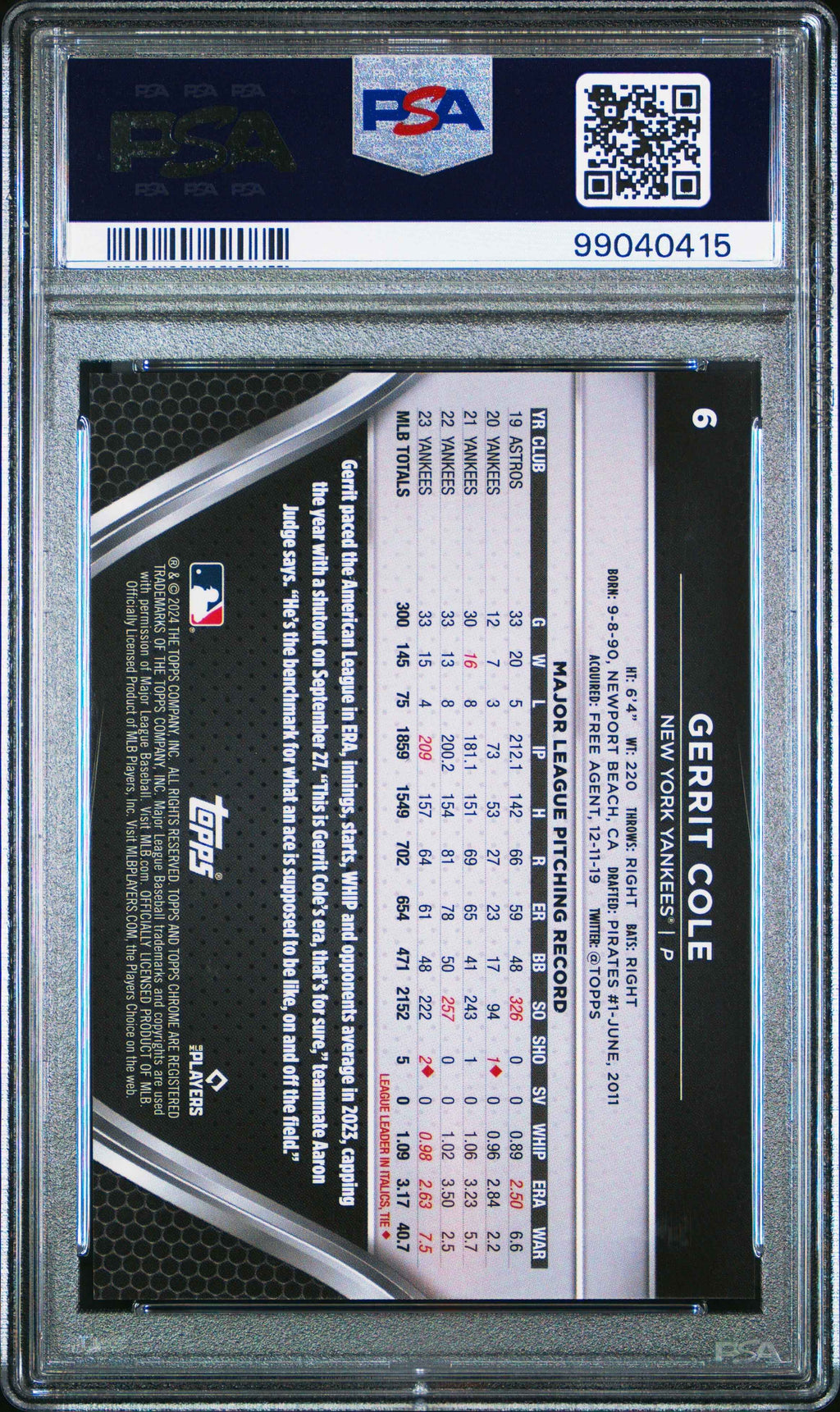 Graded 2024 Topps Chrome Black Gerrit Cole #6 Blue Refractor #/75 Baseball Card PSA 10 Gem Mint