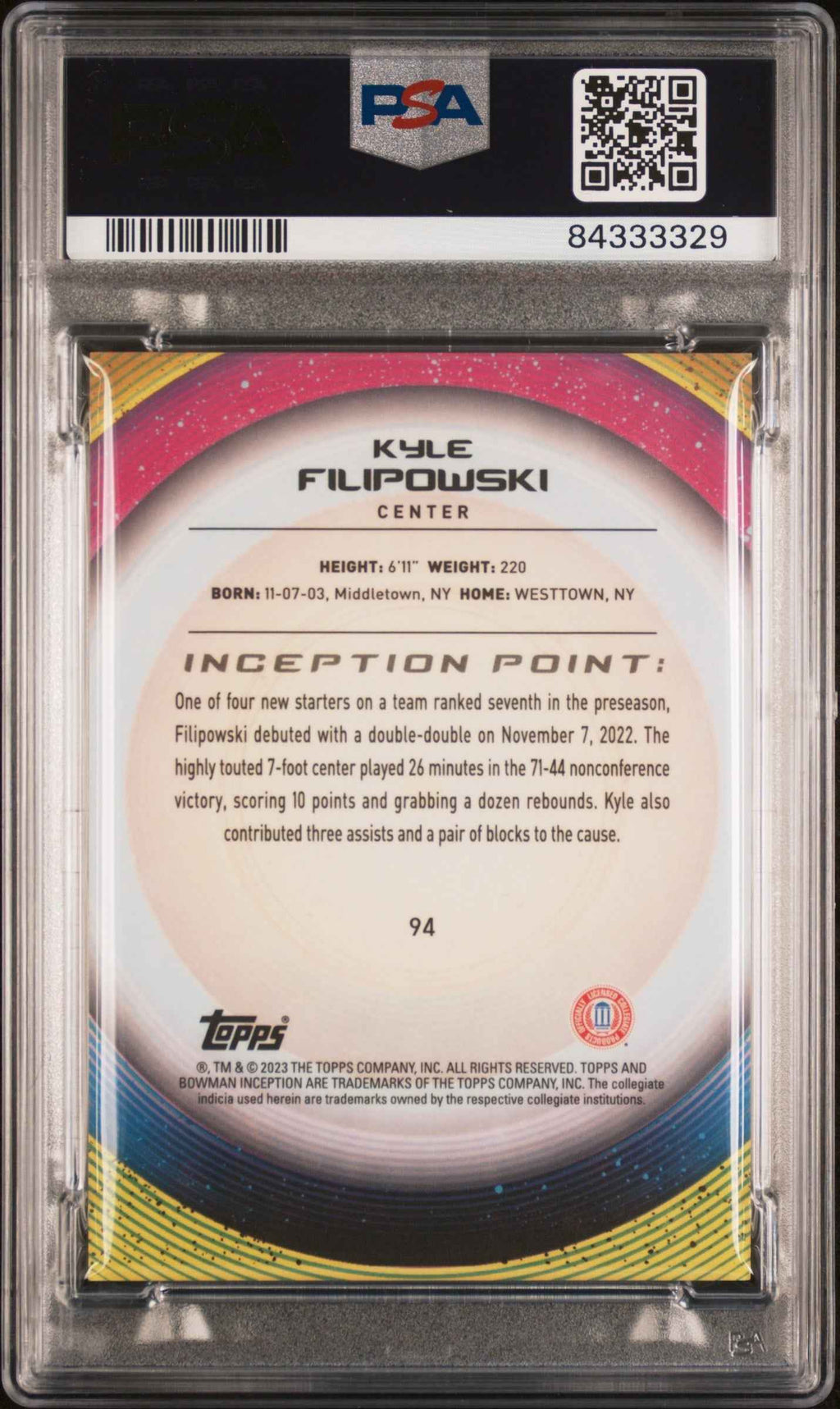 Graded 2022 Topps Bowman U Inception Kyle Filipowski #94 Aqua V Foil /199 Rookie RC Basketball Card PSA 10 Gem Mint