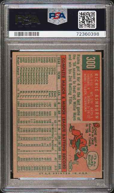 Graded 1959 Topps Richie Ashburn #300 Baseball Card PSA 5 Excellent