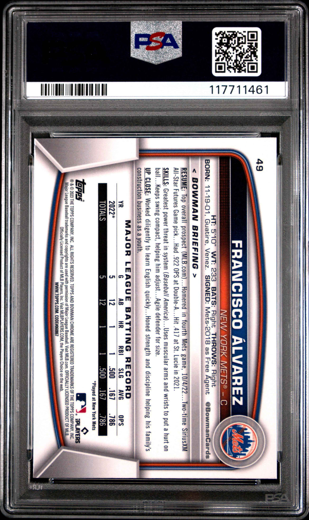 Graded 2023 Topps Bowman Mega Box Francisco Alvarez #49 Chrome Rookie RC Baseball Card PSA 10 Gem Mint