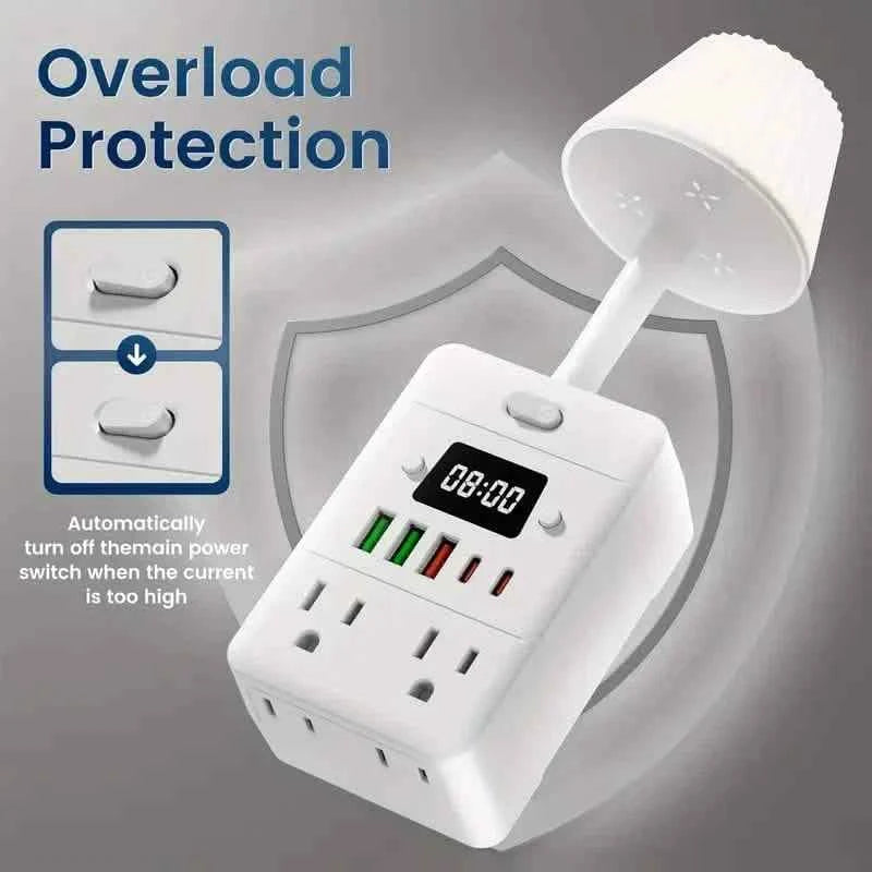 11-in-1 Multifunctional Power Strip with Desk Lamp, Clock, USB Ports & Surge Protection