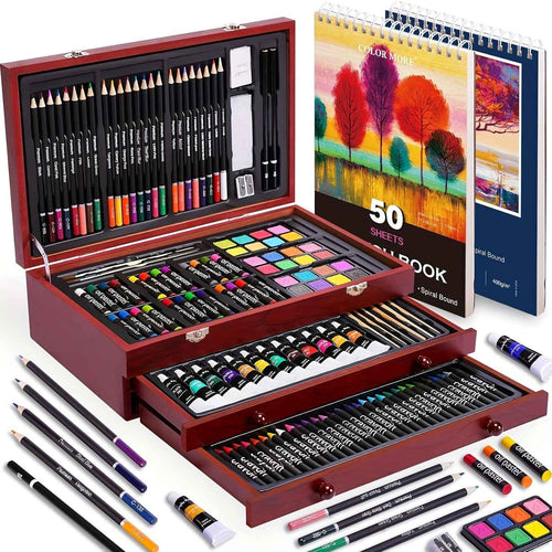 175-Piece Deluxe Art Set – Crayons, Colored Pencils & Acrylic Paints in Wooden Case