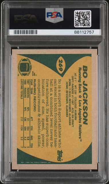 Graded 1989 Topps Bo Jackson #269 2nd Year Football Card PSA 10 Gem Mint