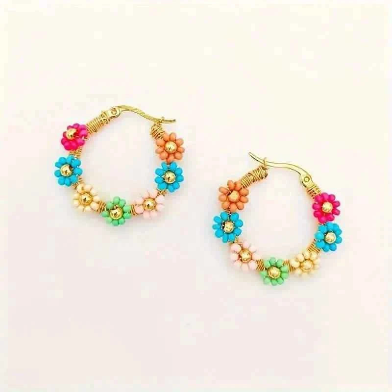 Bohemian Style Stainless Steel Beaded Flower Decor Hoop Earrings
