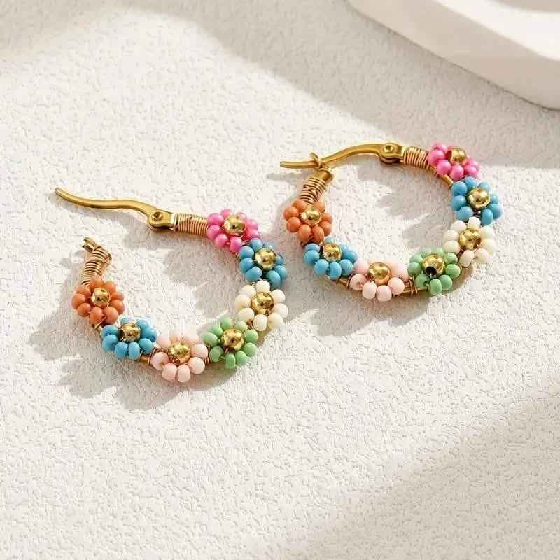 Bohemian Style Stainless Steel Beaded Flower Decor Hoop Earrings