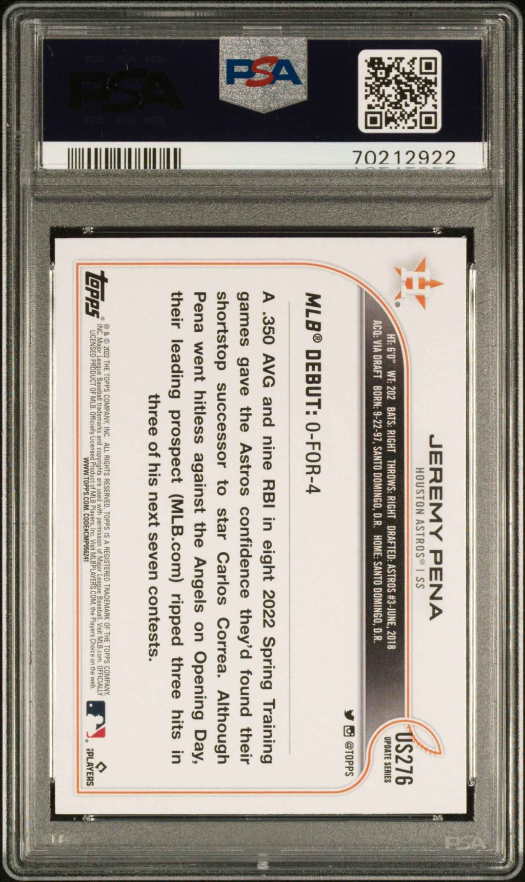 Graded 2022 Topps Update Jeremy Pena #US276 Rookie RC Baseball Card PSA 10 Gem Mint