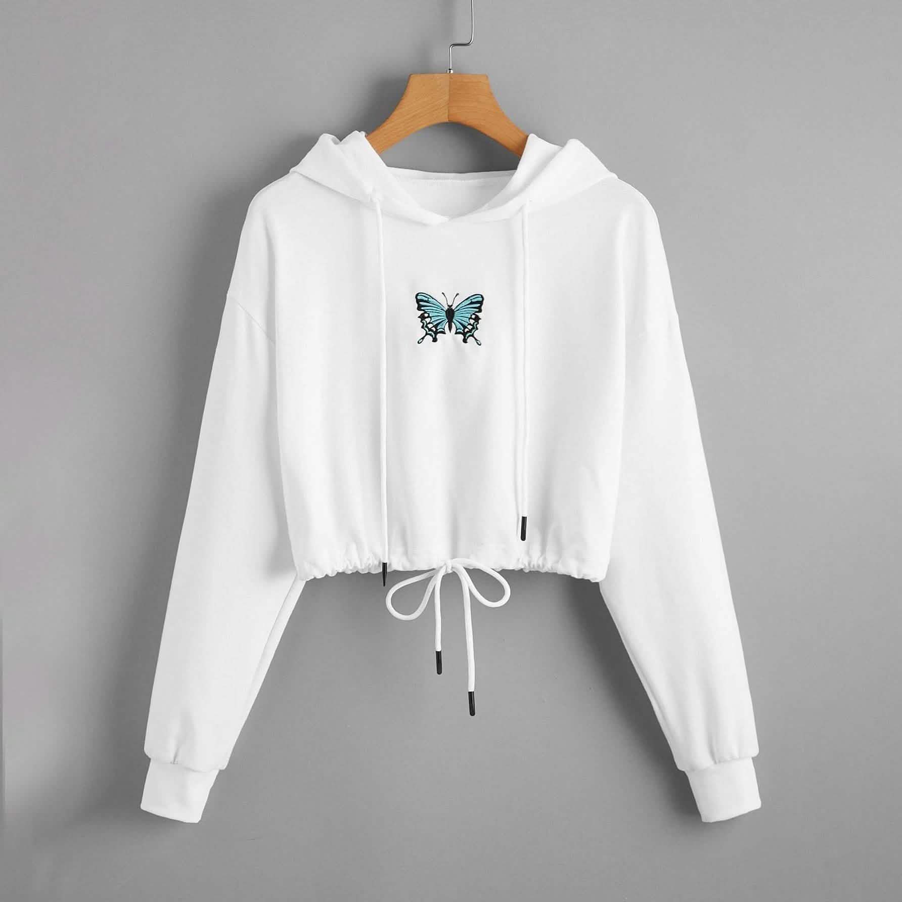 Butterfly Print Drawstring Hem Hoodie