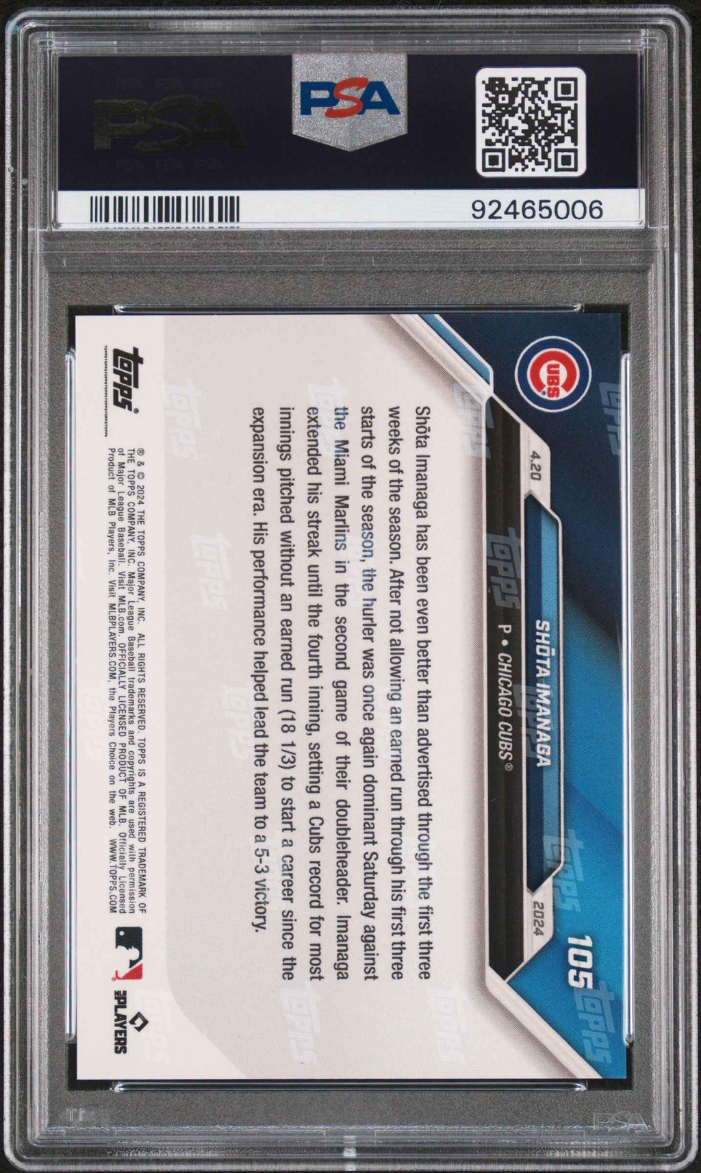 Graded 2024 Topps Now Shota Imanaga #105 Blue /49 Rookie RC Baseball Card PSA 10 Gem Mint