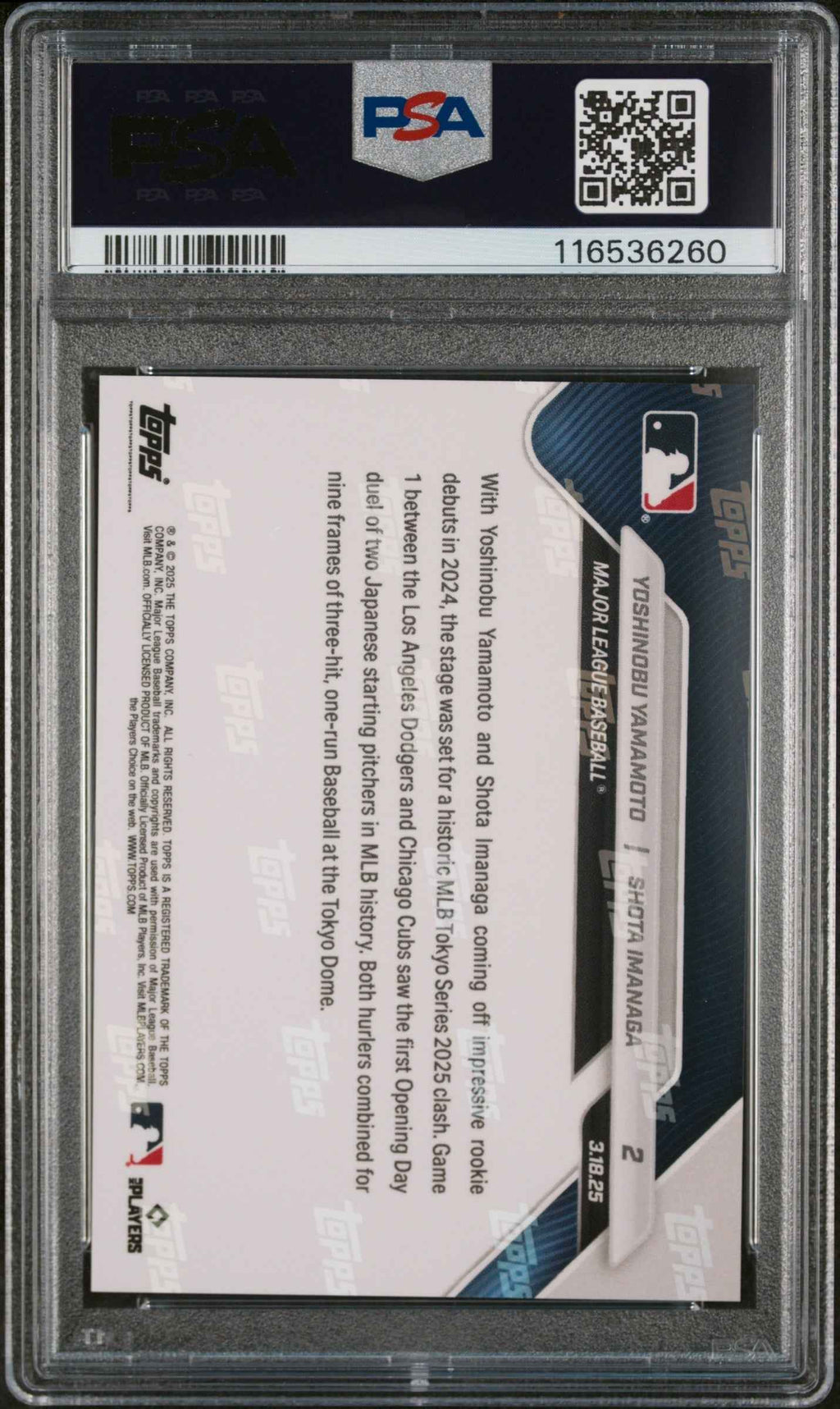 Graded 2025 Topps Now Yoshinobu Yamamoto/Shota Imanga #2 Baseball Card PSA 10 Gem Mint