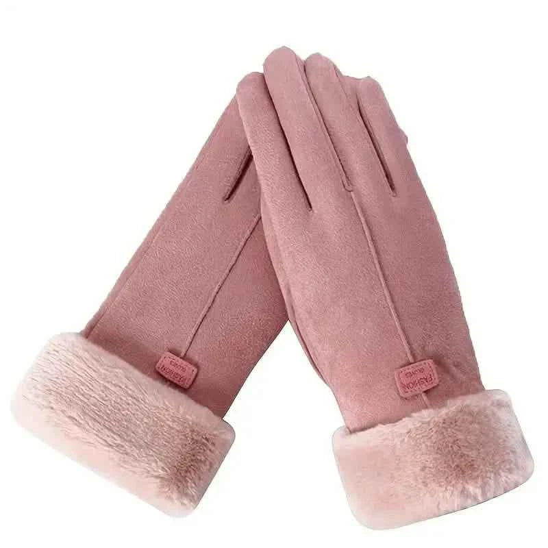 Cashmere Warm Suede Leather Plush Touch Screen Gloves