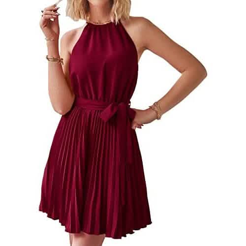 Casual Halter Neck A-Line Dress Sleeveless Belted Swing Pleated Cocktail Party Beach Mini Dresses