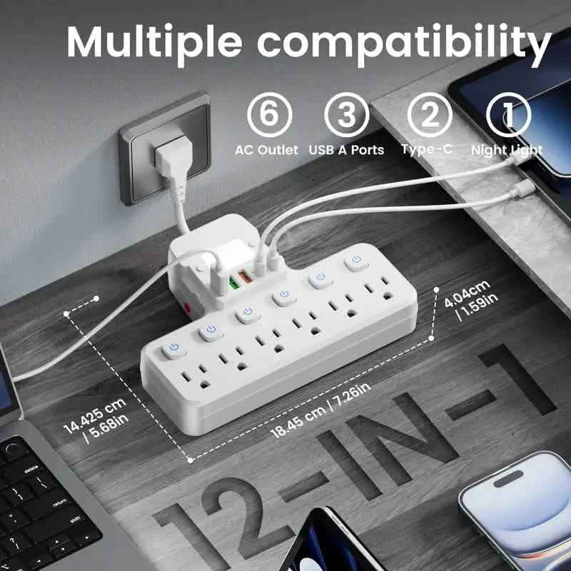 12-in-1 Adjustable Desk Lamp Power Strip – 6 AC Outlets, 3 USB-A & 2 Type-C Ports, Surge Protection