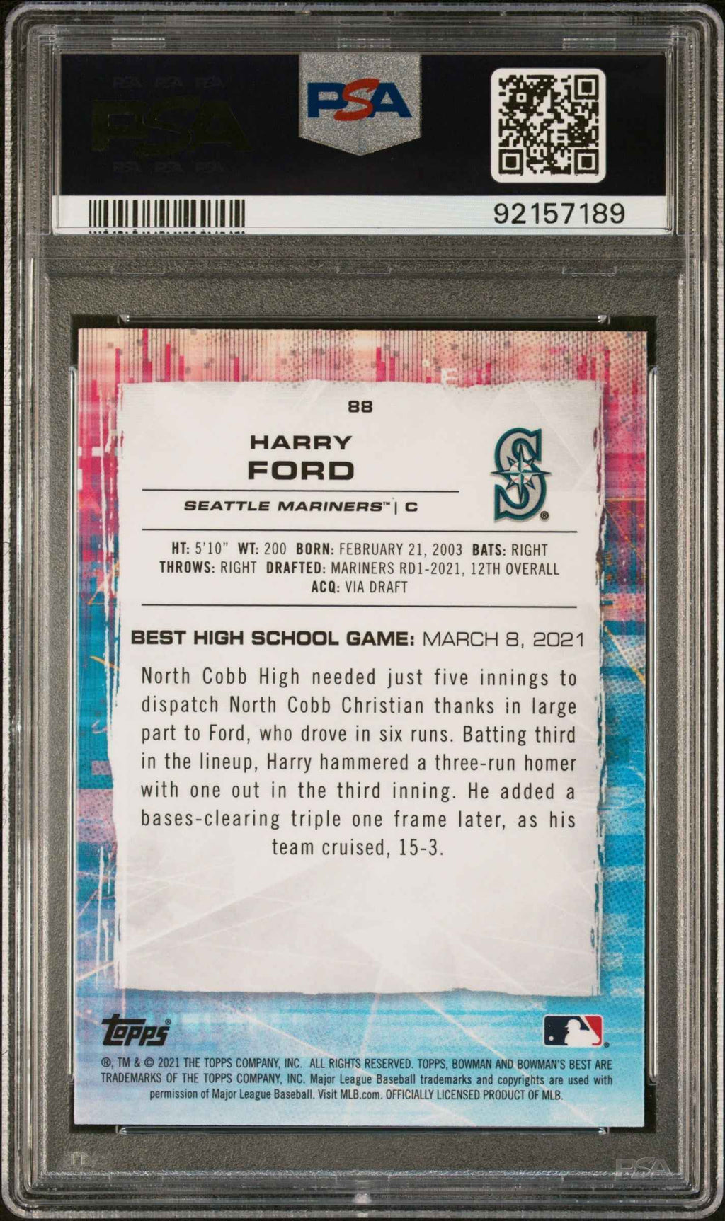 Graded 2021 Topps Bowmans Best Harry Ford #88 Atomic Refractor Rookie RC Baseball Card PSA 10 Gem Mint
