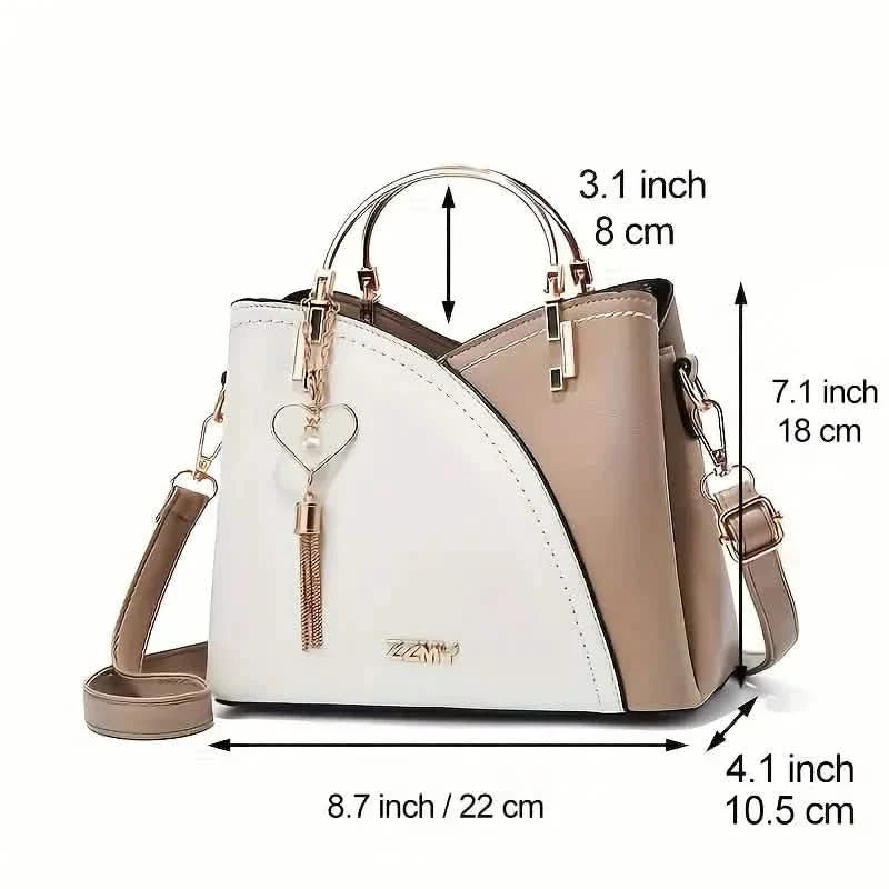 Color Block Satchel Bag with Metal Tassel Decor and Crossbody Strap