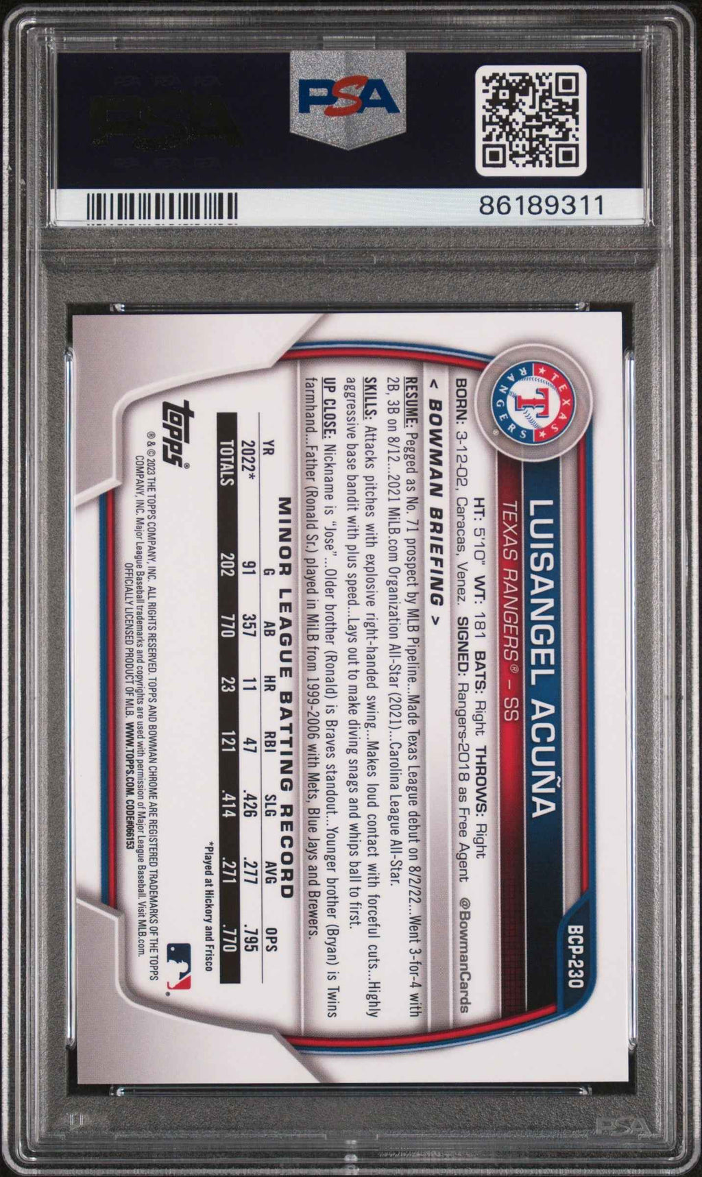 Graded 2023 Topps Bowman Chrome Luisangel Acuna #BCP230 Prospects Aqua #/99 Rookie RC Baseball Card PSA 10 Gem Mint