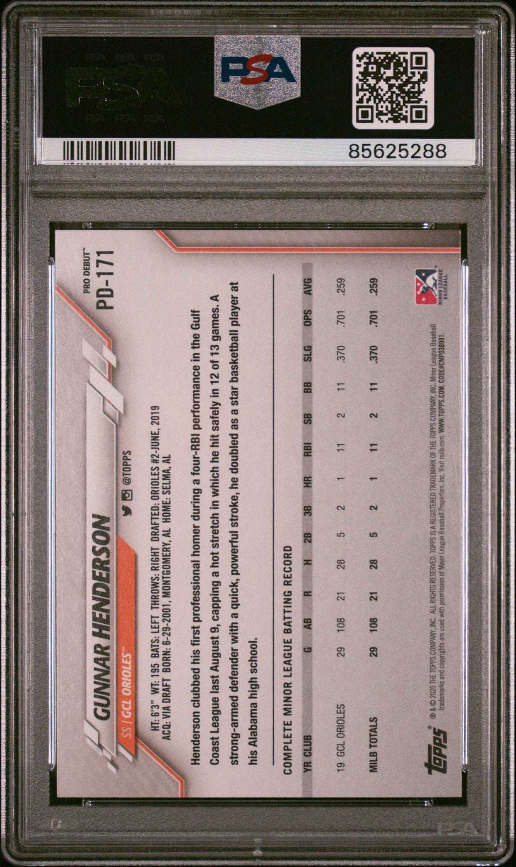 Graded 2020 Topps Pro Debut Gunnar Henderson #PD171 Rookie RC Baseball Card PSA 9 Mint