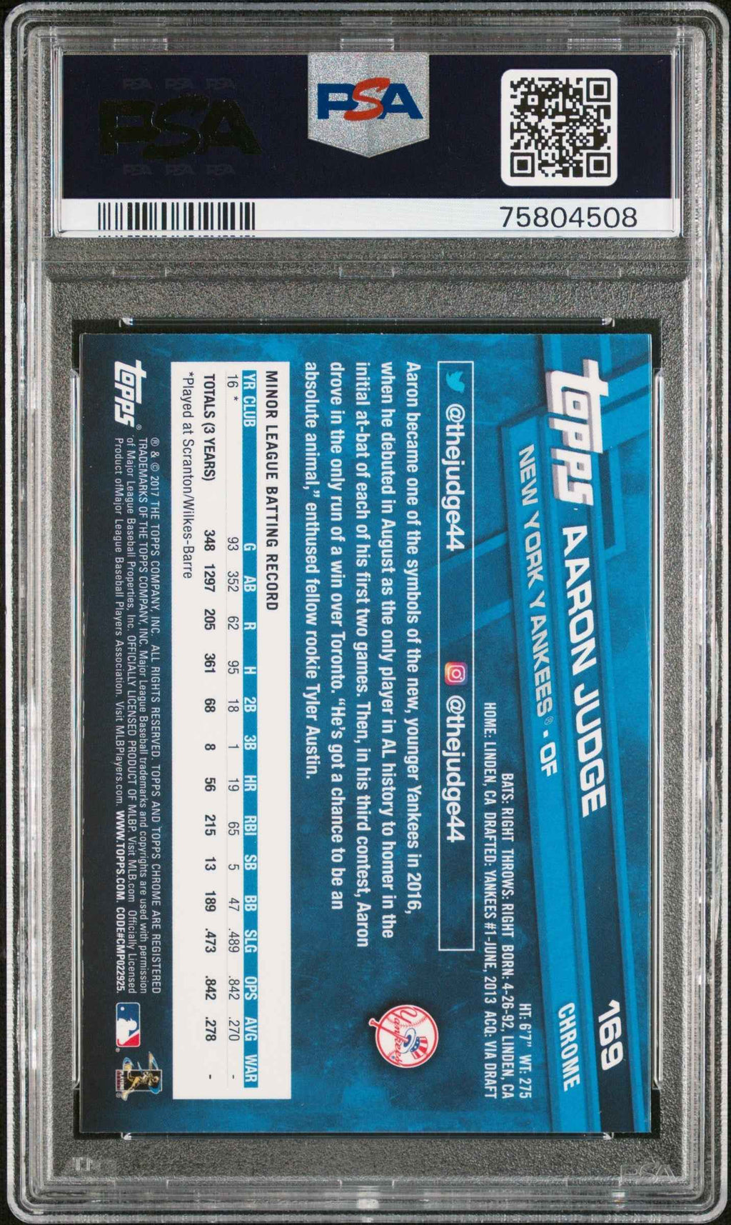 Graded 2017 Topps Chrome Aaron Judge #169 Catching Rookie RC Baseball Card PSA 10 Gem Mint