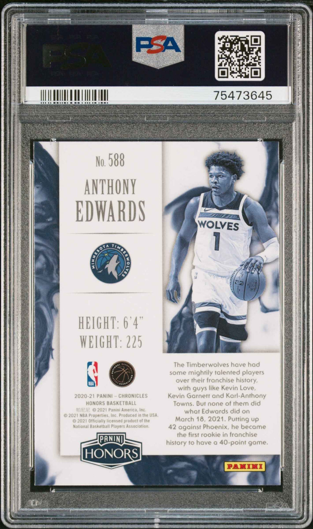 Graded 2020 Panini Chronicles Anthony Edwards #588 Rookie RC Basketball Card PSA 10 Gem Mint