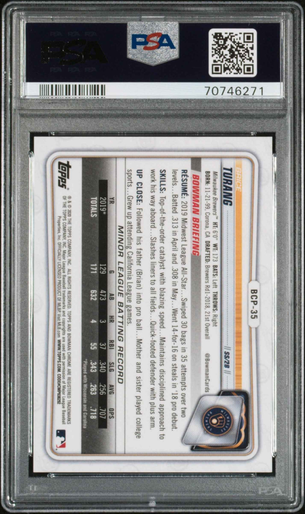 Graded 2020 Topps Bowman Chrome Brice Turang #BCP35 Prospects Blue Refractor #/150 Rookie RC Baseball Card PSA 10 Gem Mint