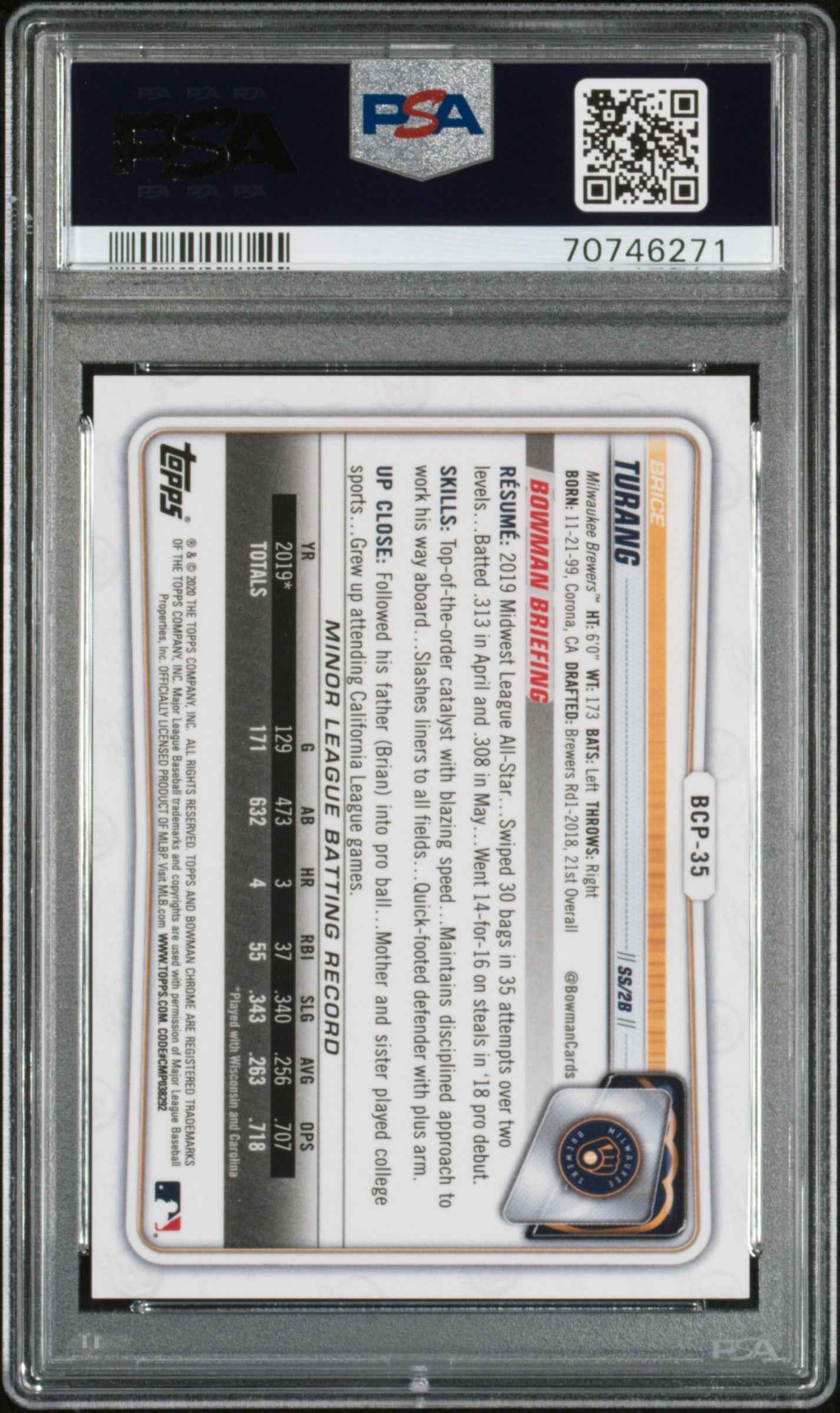 Graded 2020 Topps Bowman Chrome Brice Turang #BCP35 Prospects Blue Refractor #/150 Rookie RC Baseball Card PSA 10 Gem Mint