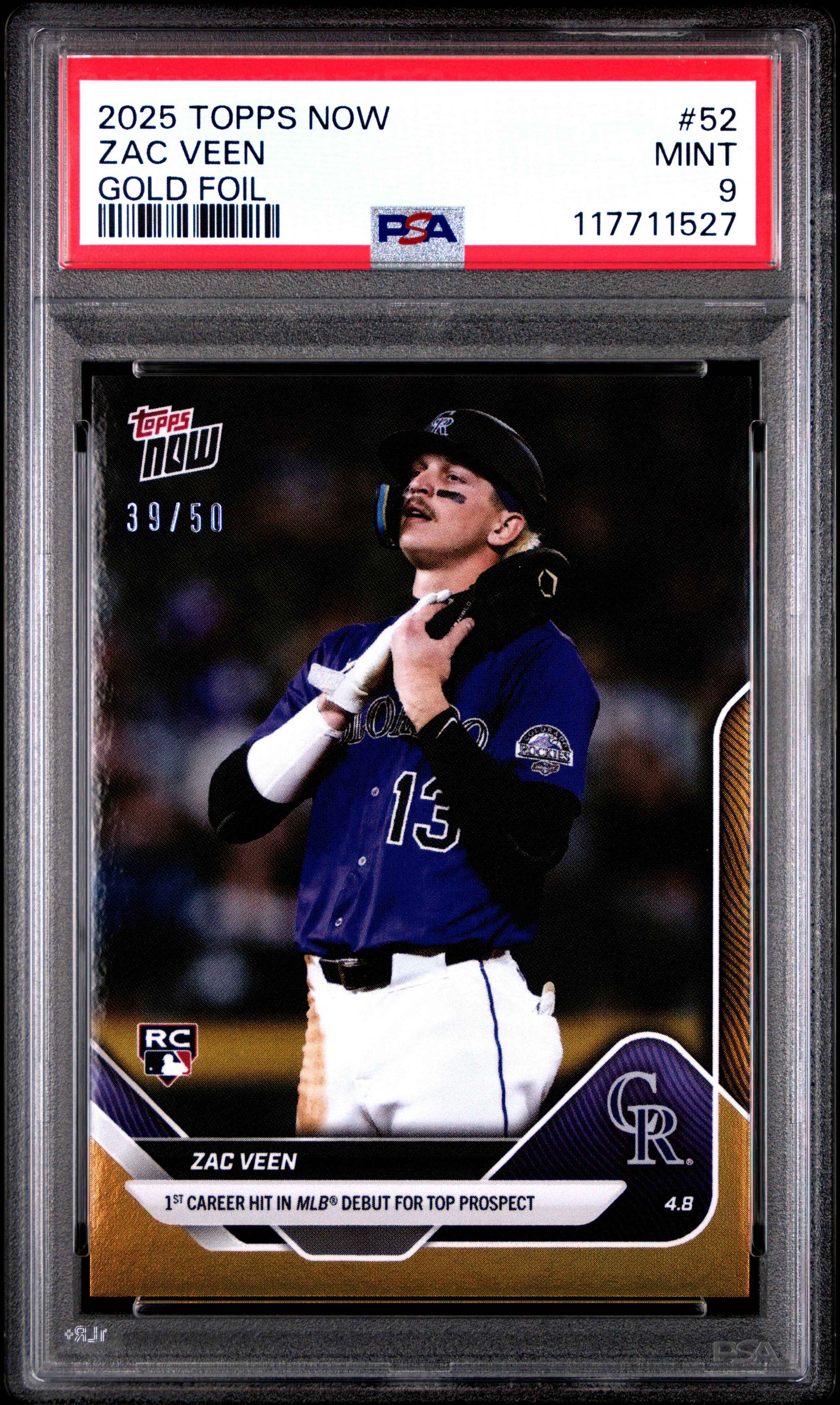 Graded 2025 Topps Now Zac Veen #52 Gold Foil /50 Rookie RC Baseball Card PSA 9 Mint