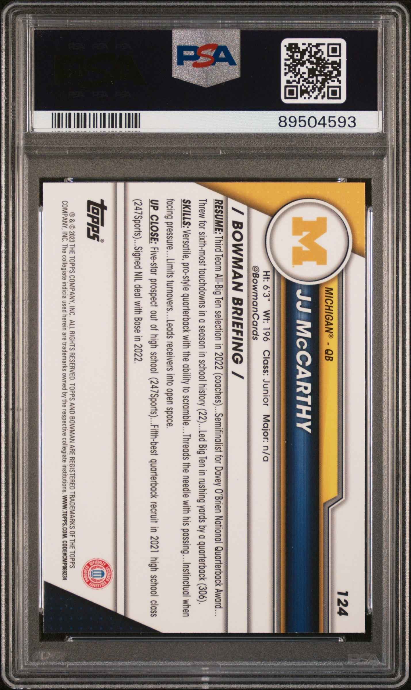 Graded 2023 Topps Bowman U Sapphire JJ McCarthy #124 Rookie RC Football Card PSA 10 Gem Mint