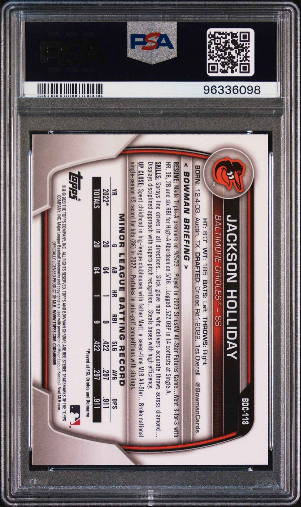 Graded 2023 Topps Bowman Draft Jackson Holliday #BDC118 Chrome Sky Blue Rookie RC Baseball Card PSA 10 Gem Mint