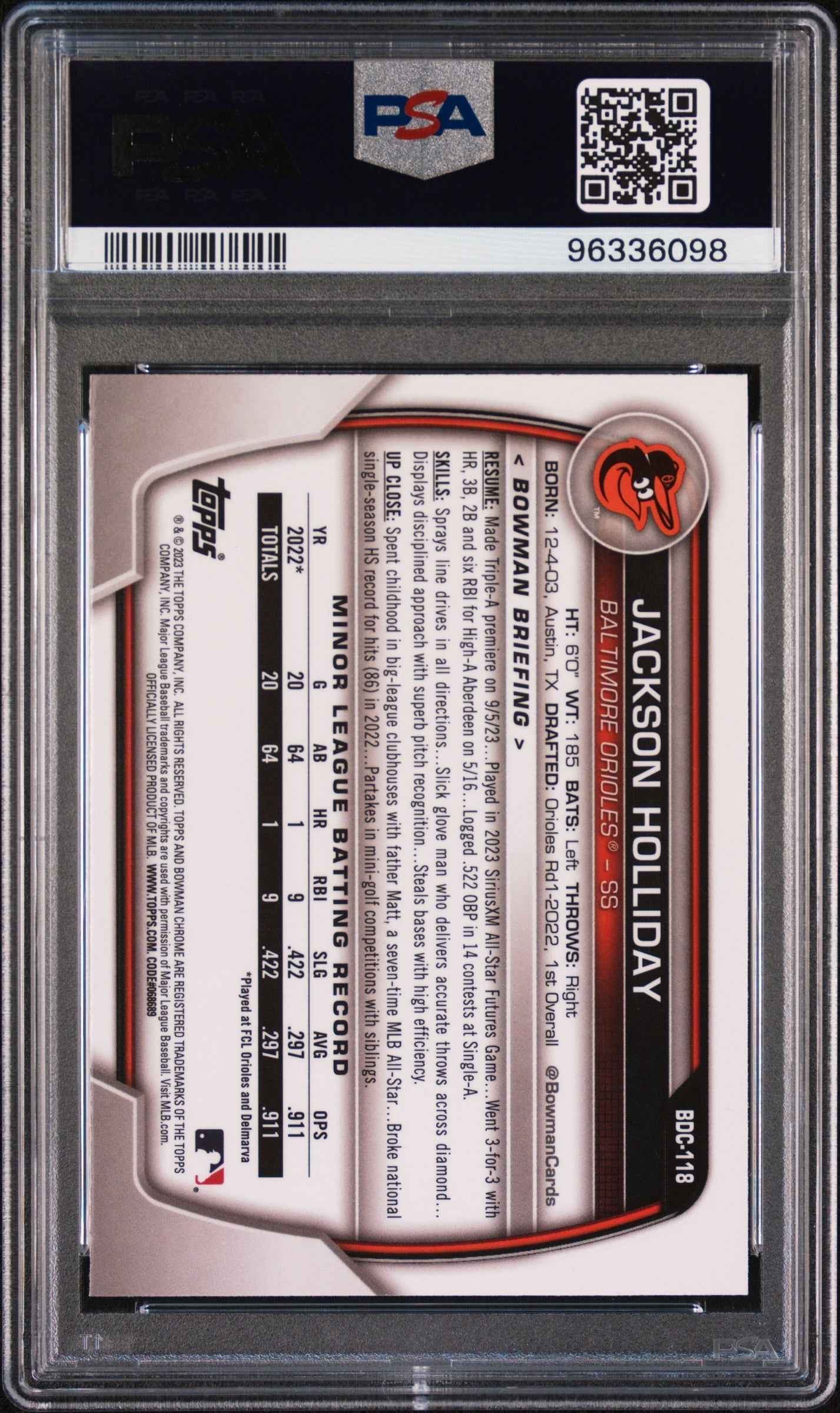Graded 2023 Topps Bowman Draft Jackson Holliday #BDC118 Chrome Sky Blue Rookie RC Baseball Card PSA 10 Gem Mint