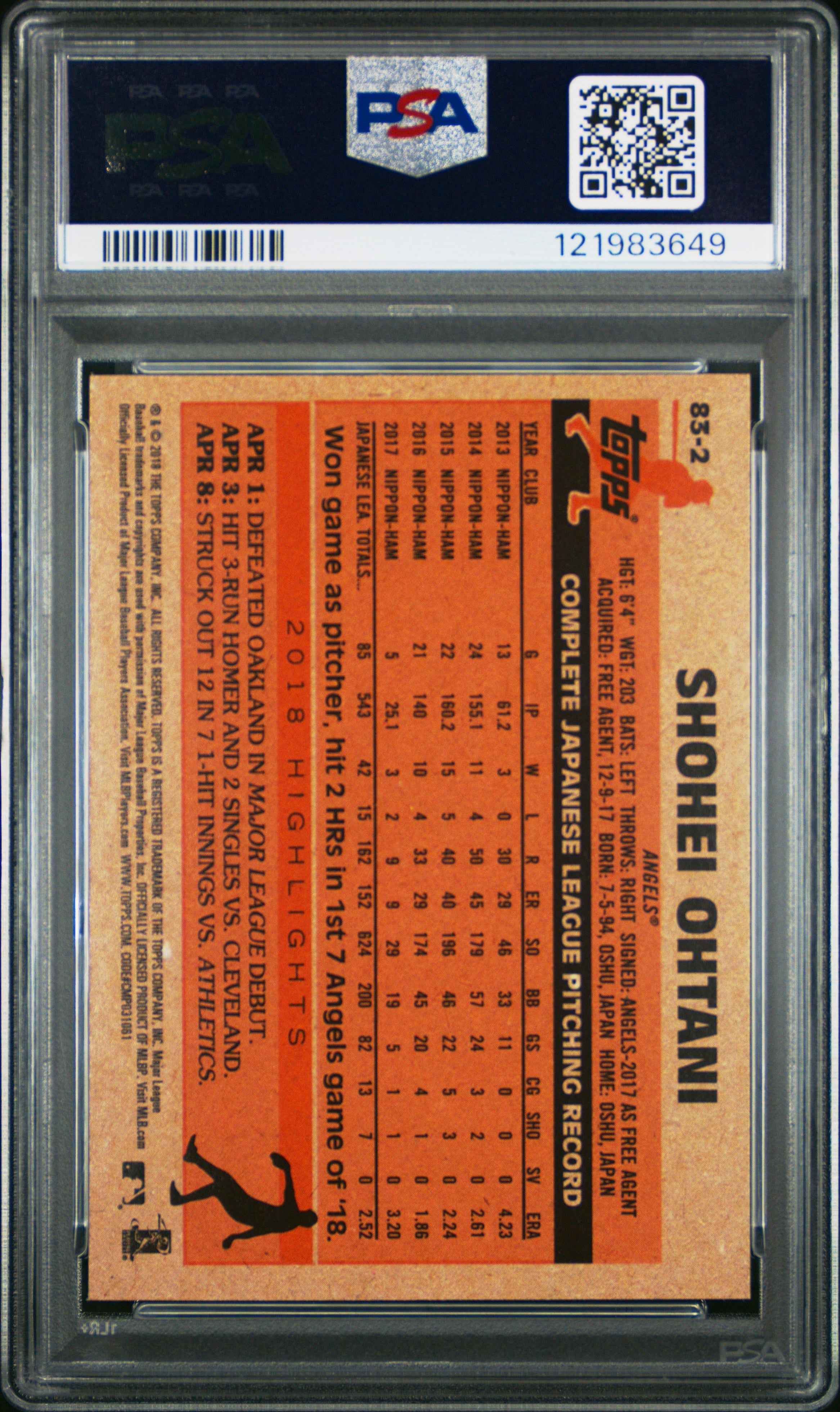 Graded 2018 Topps Shohei Ohtani #83-2 1983 Rookie RC Baseball Card PSA 10 Gem Mint