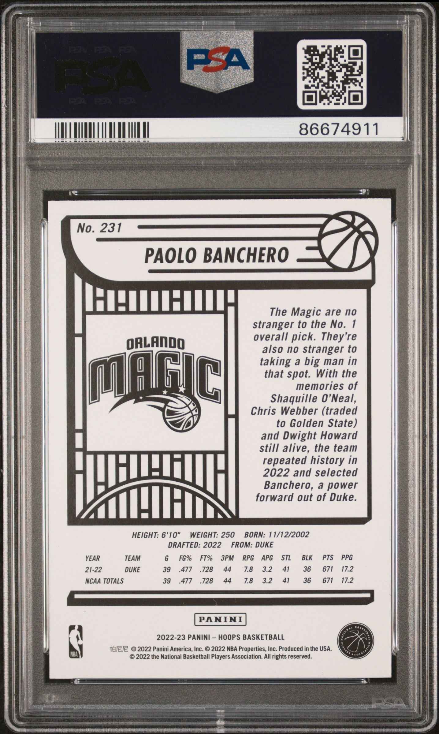 Graded 2022 Panini NBA Hoops Paolo Banchero #231 Winter Rookie RC Basketball Card PSA 9 Mint