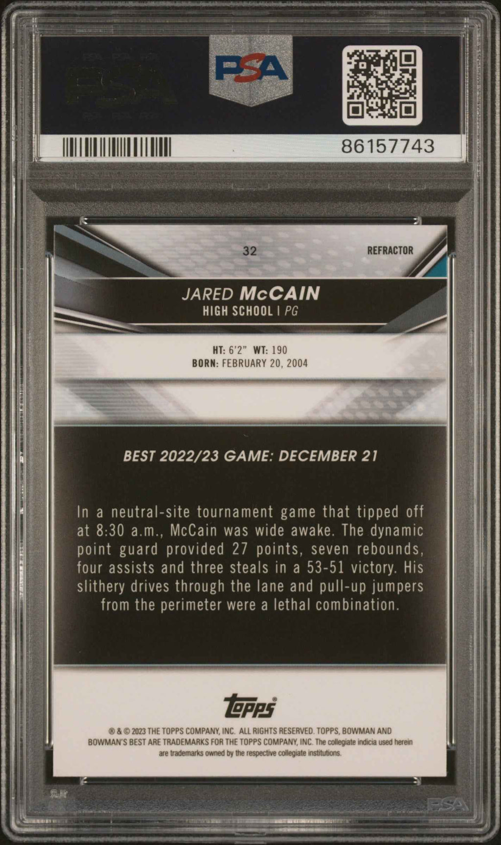 Graded 2022 Topps Bowman University Best Jared McCain #32 Refractor Rookie RC Basketball Card PSA 10 Gem Mint