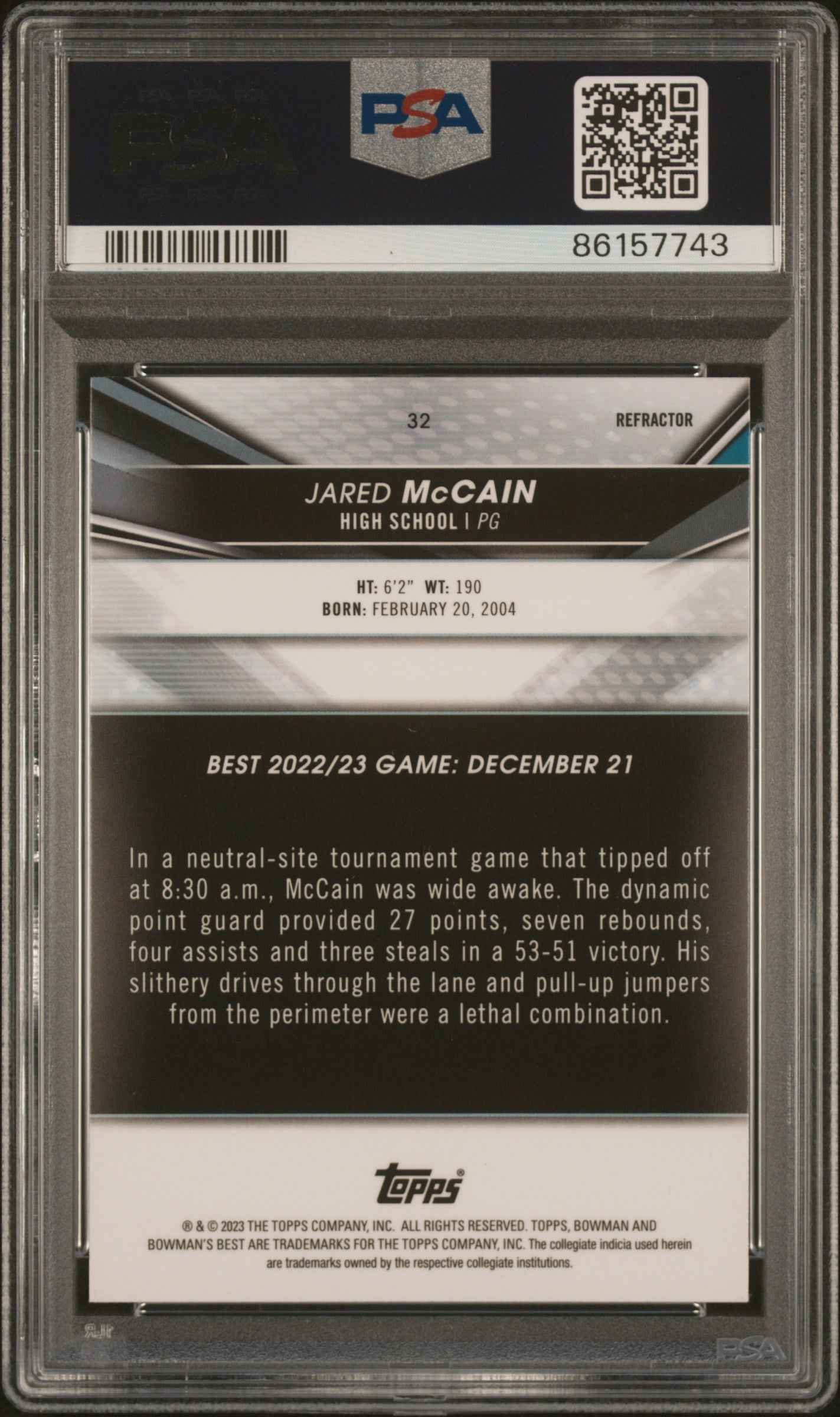Graded 2022 Topps Bowman University Best Jared McCain #32 Refractor Rookie RC Basketball Card PSA 10 Gem Mint