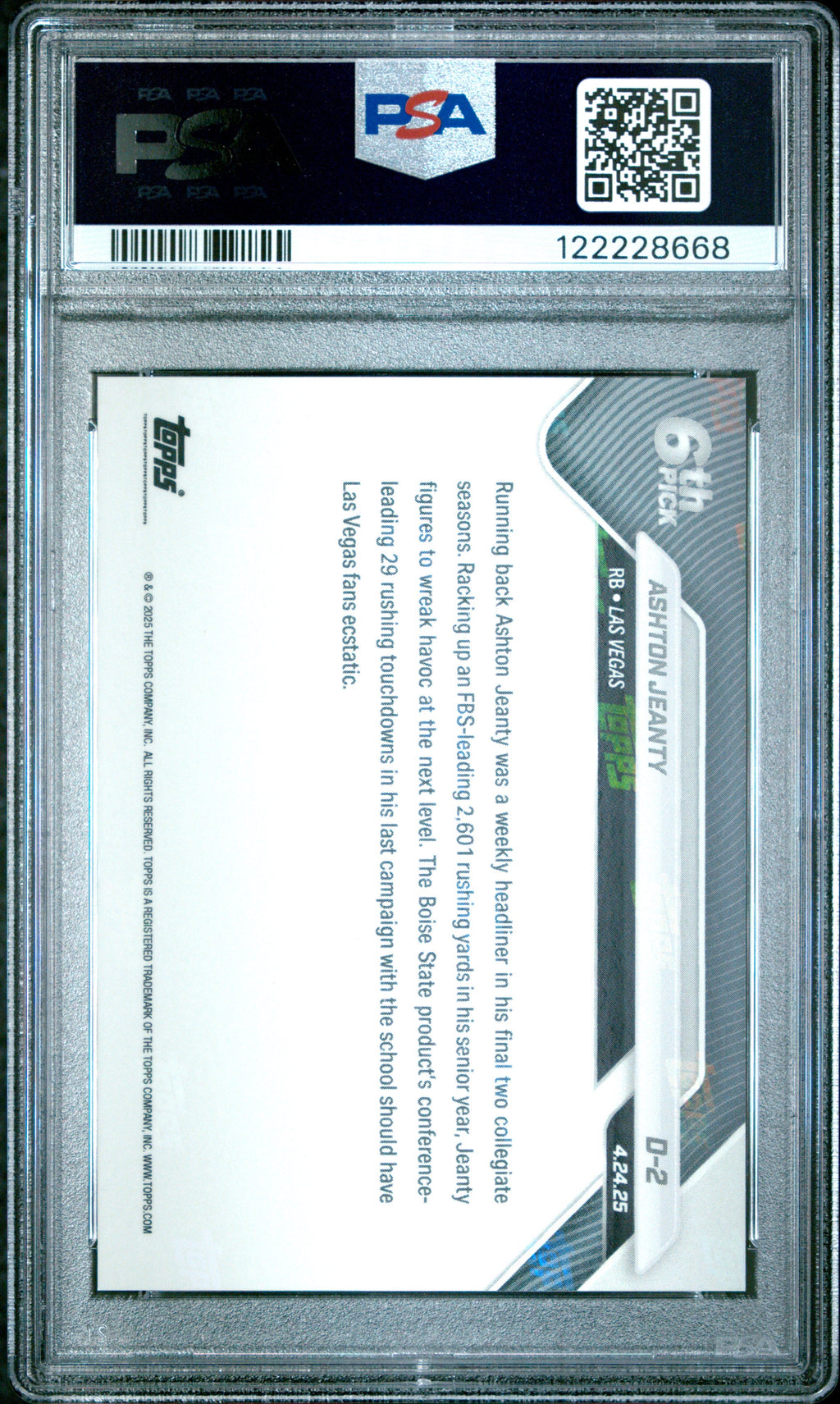 Graded 2025 Topps Now Ashton Jeanty #D2 Rookie RC Football Card PSA 9 Mint