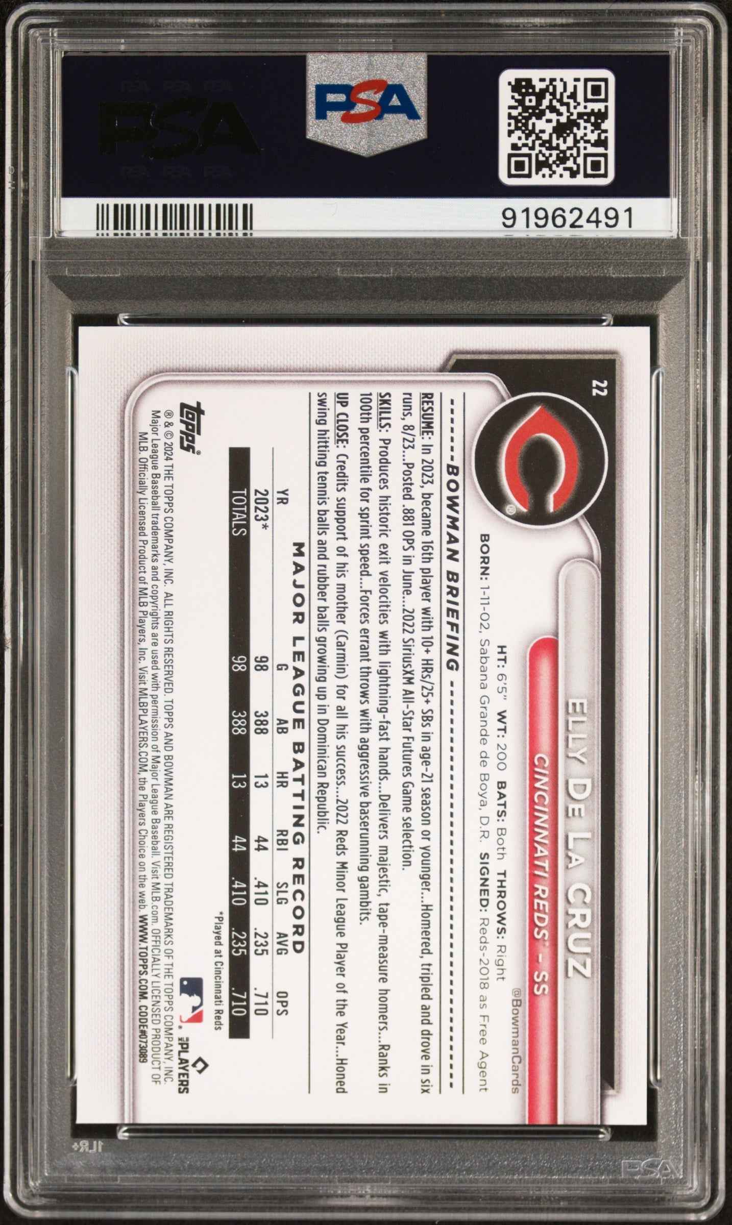 Graded 2024 Topps Bowman Elly De La Cruz #22 Rookie RC Baseball Card PSA 10 Gem Mint