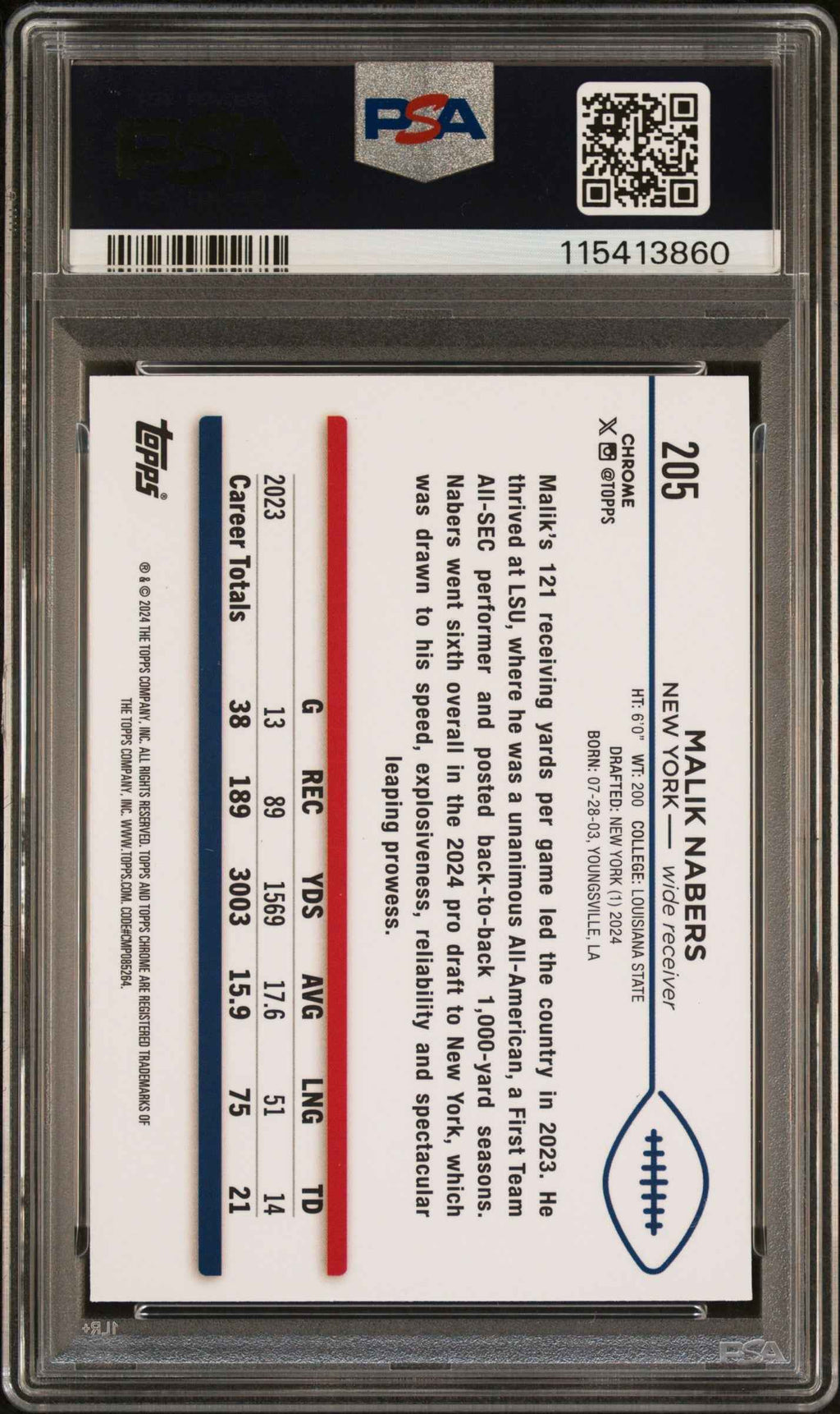 Graded 2024 Topps Chrome Malik Nabers #205 Rookie RC Football Card PSA 7 Near Mint