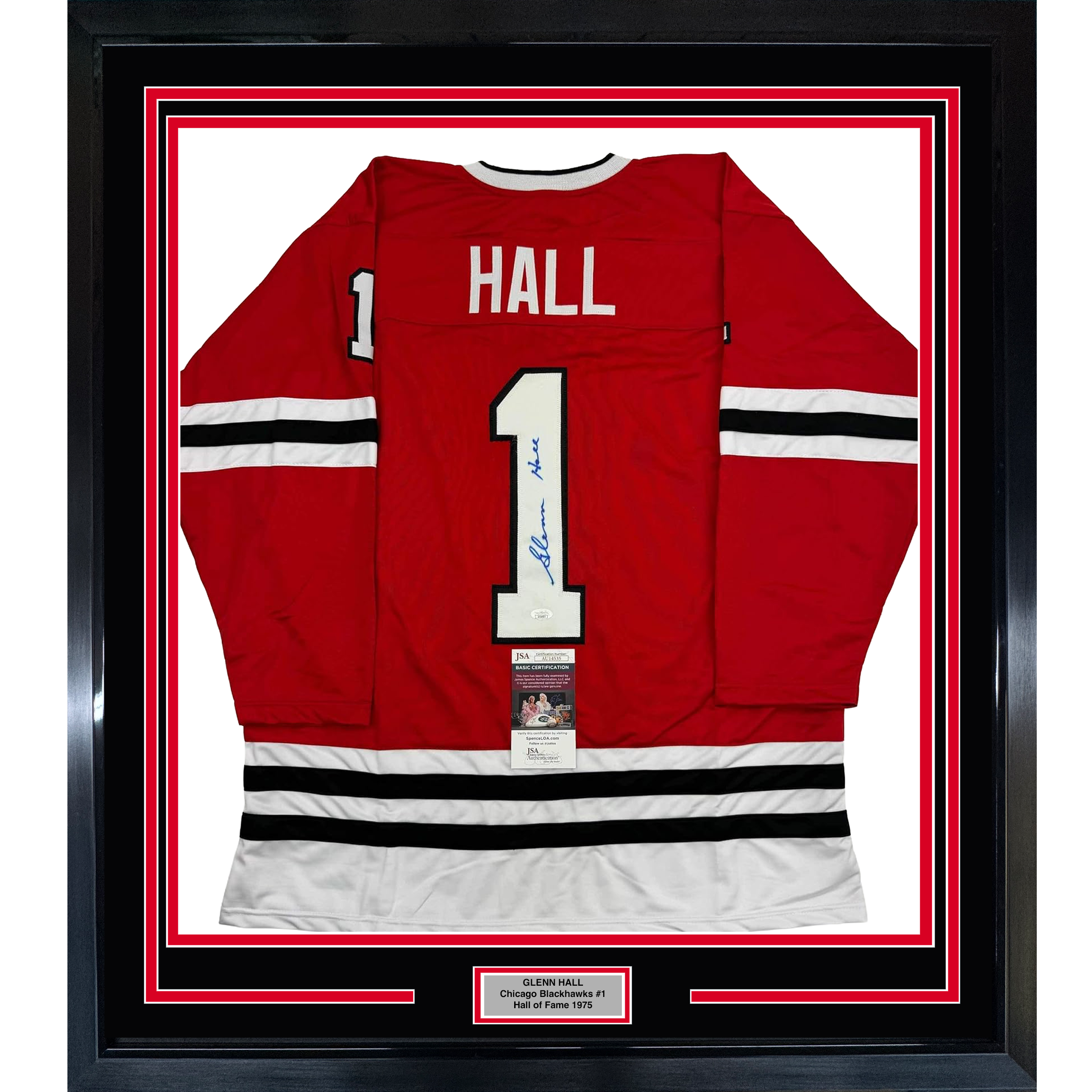 Framed Autographed/Signed Glenn Hall 35x39 Chicago Red Hockey Jersey JSA COA