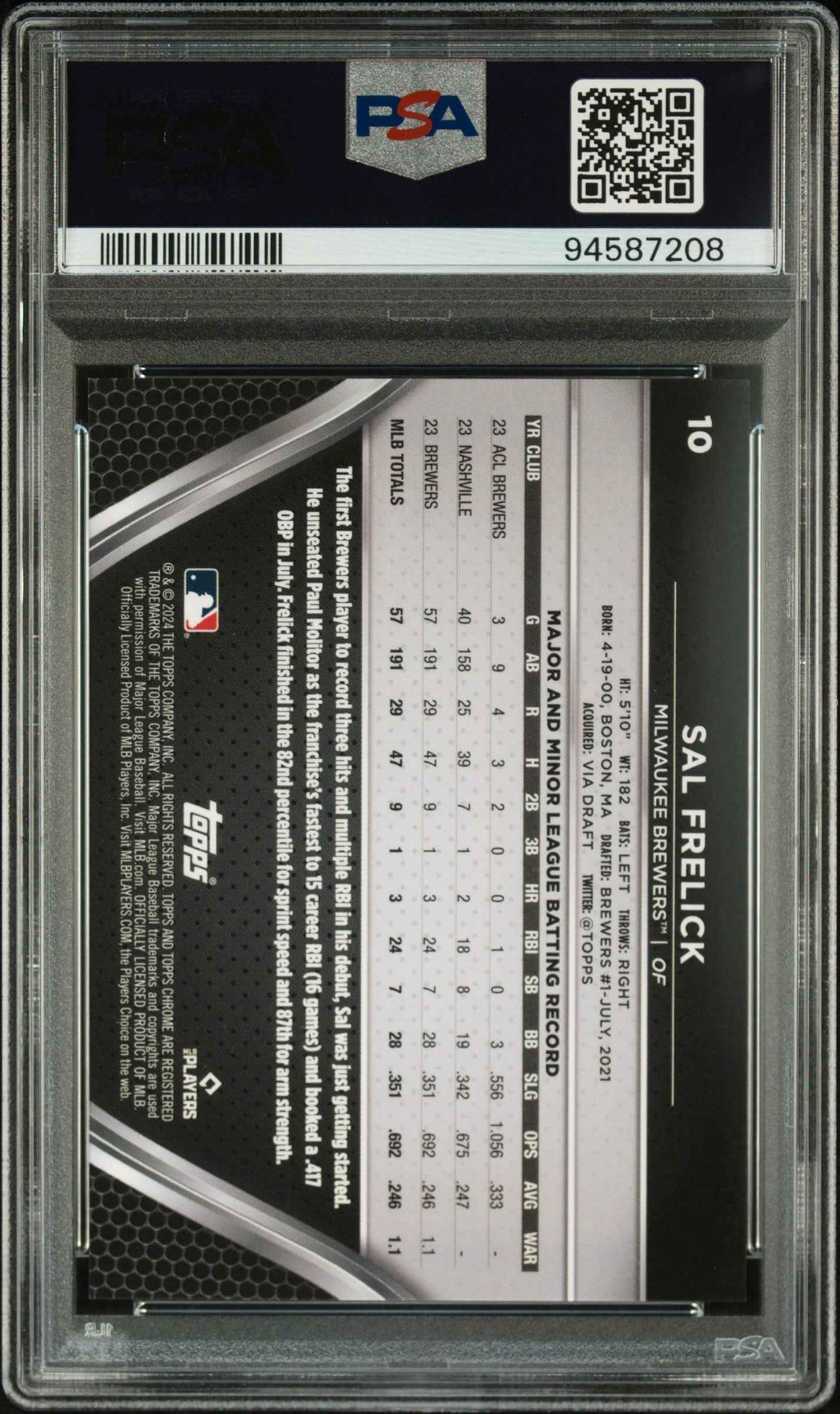 Graded 2024 Topps Chrome Black Sal Frelick #10 Gold Refractor /50 Rookie RC Baseball Card PSA 10 Gem Mint