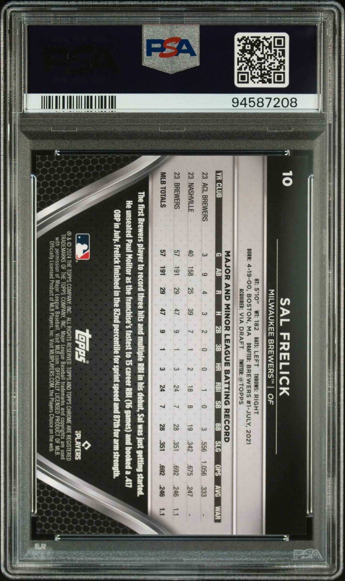 Graded 2024 Topps Chrome Black Sal Frelick #10 Gold Refractor /50 Rookie RC Baseball Card PSA 10 Gem Mint