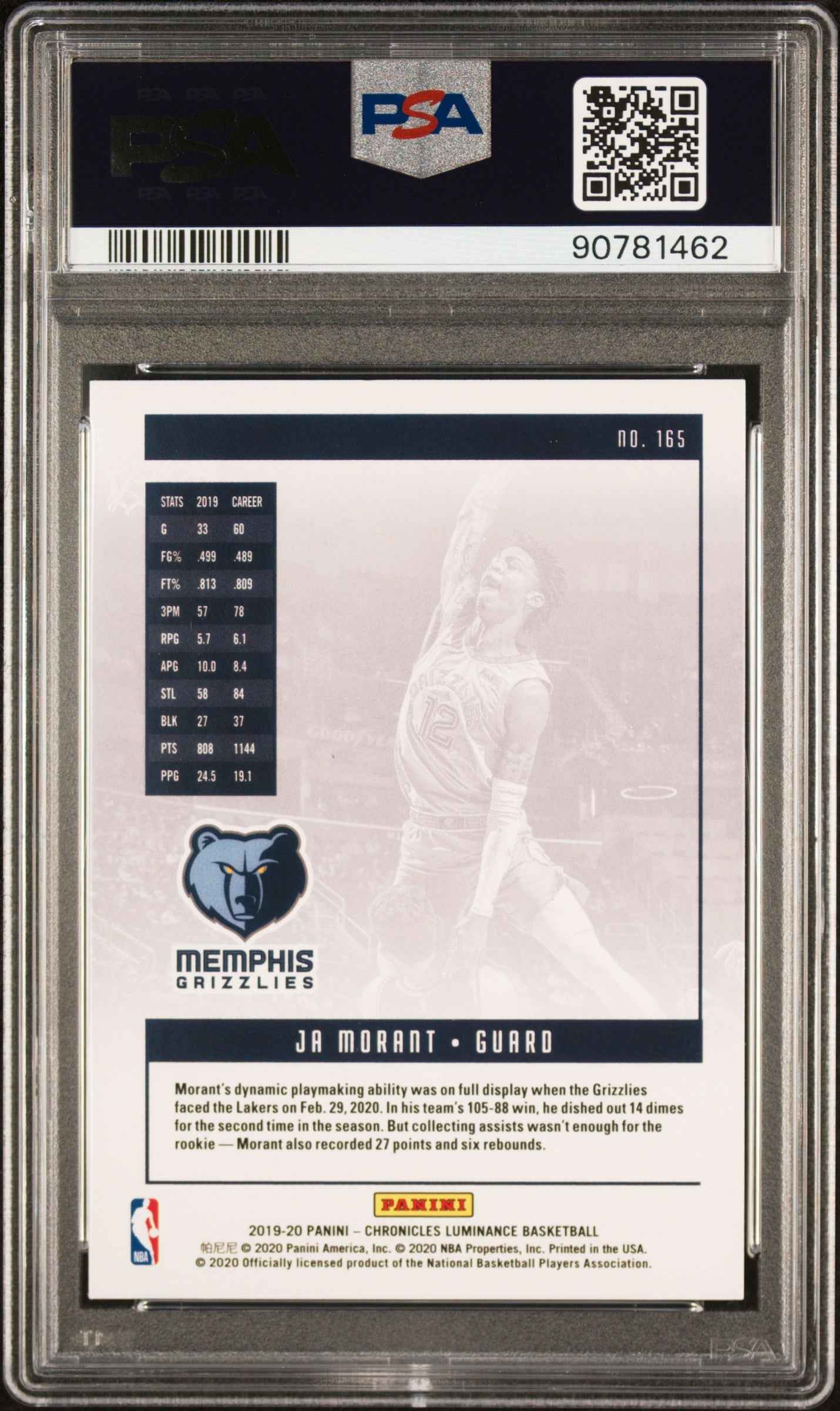 Graded 2019-20 Panini Chronicles Ja Morant #165 Bronze Rookie RC Basketball Card PSA 10 Gem Mint