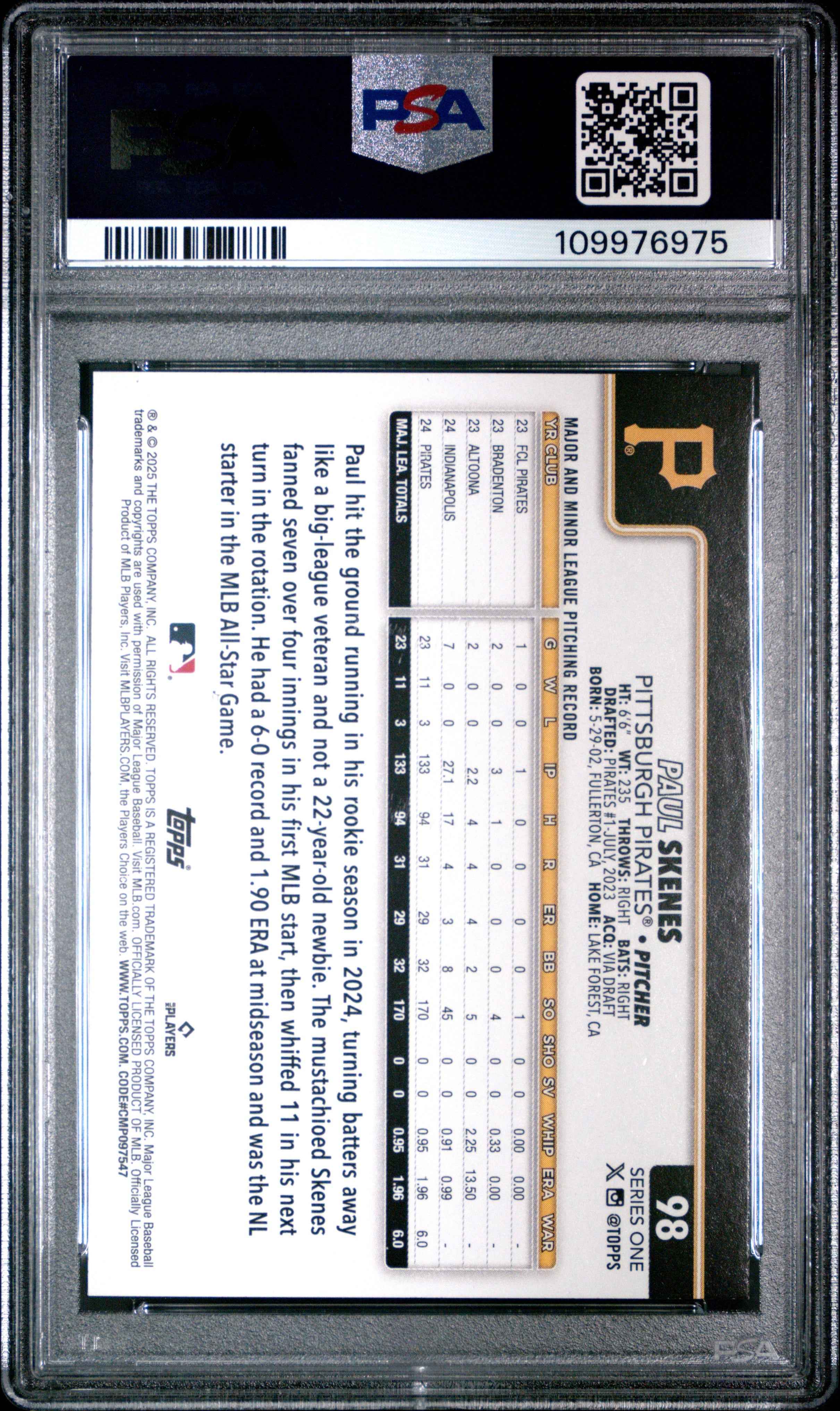 Graded 2025 Topps Paul Skenes #98 Rookie Cup Baseball Card PSA 10 Gem Mint